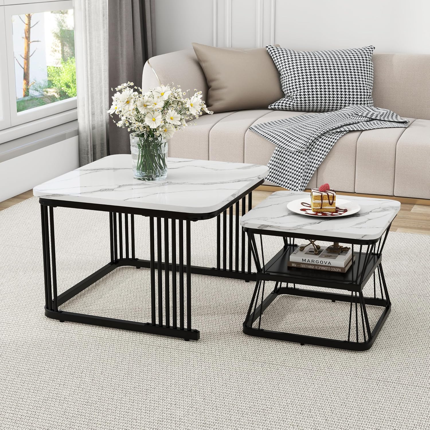 Merax Quadratisch Couchtisch 2er Set, 65cm und 45cm, Moderne Wohnzimmertisch mit Marmoroptik, Hochglänzend Satztisch mit Stauraum, für Wohnzimmer, Balkon und Büro, Metallgestell, Weiß und Schwarz