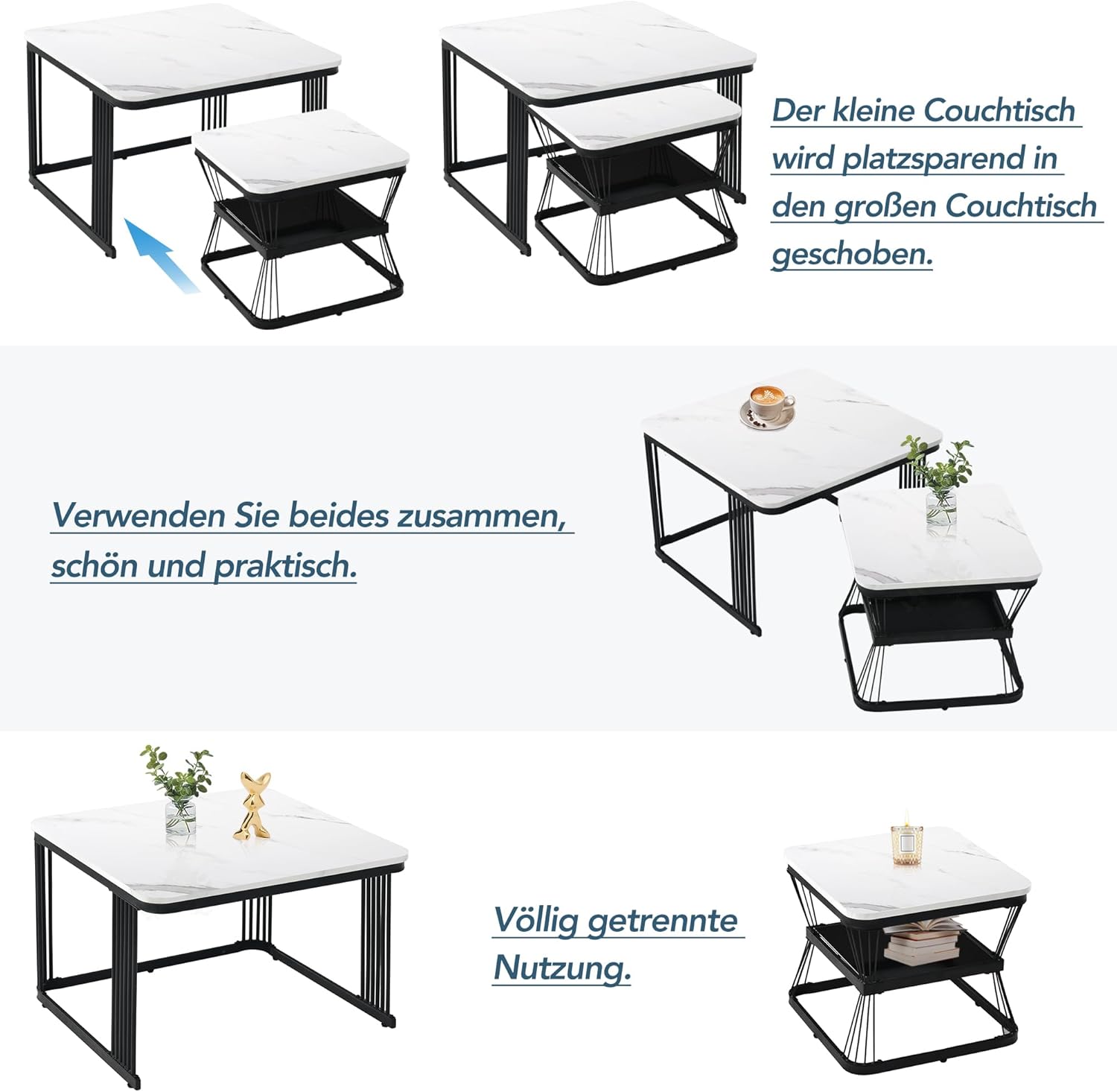 Merax Quadratisch Couchtisch 2er Set, 65cm und 45cm, Moderne Wohnzimmertisch mit Marmoroptik, Hochglänzend Satztisch mit Stauraum, für Wohnzimmer, Balkon und Büro, Metallgestell, Weiß und Schwarz — Ansicht 6