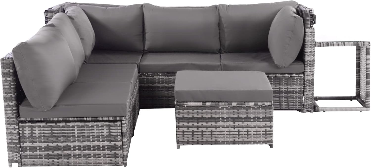 Merax Rattan-Gartenlounge-Set mit Sonnendach: Sofa, Hocker, Sessel und Tisch Allwettergeflecht, Wetterfest, Garten Sofa mit Sonnendach, Terrassenmöbel Sitzgruppe inkl. Kissen und Beistelltisch, Grau — Ansicht 4