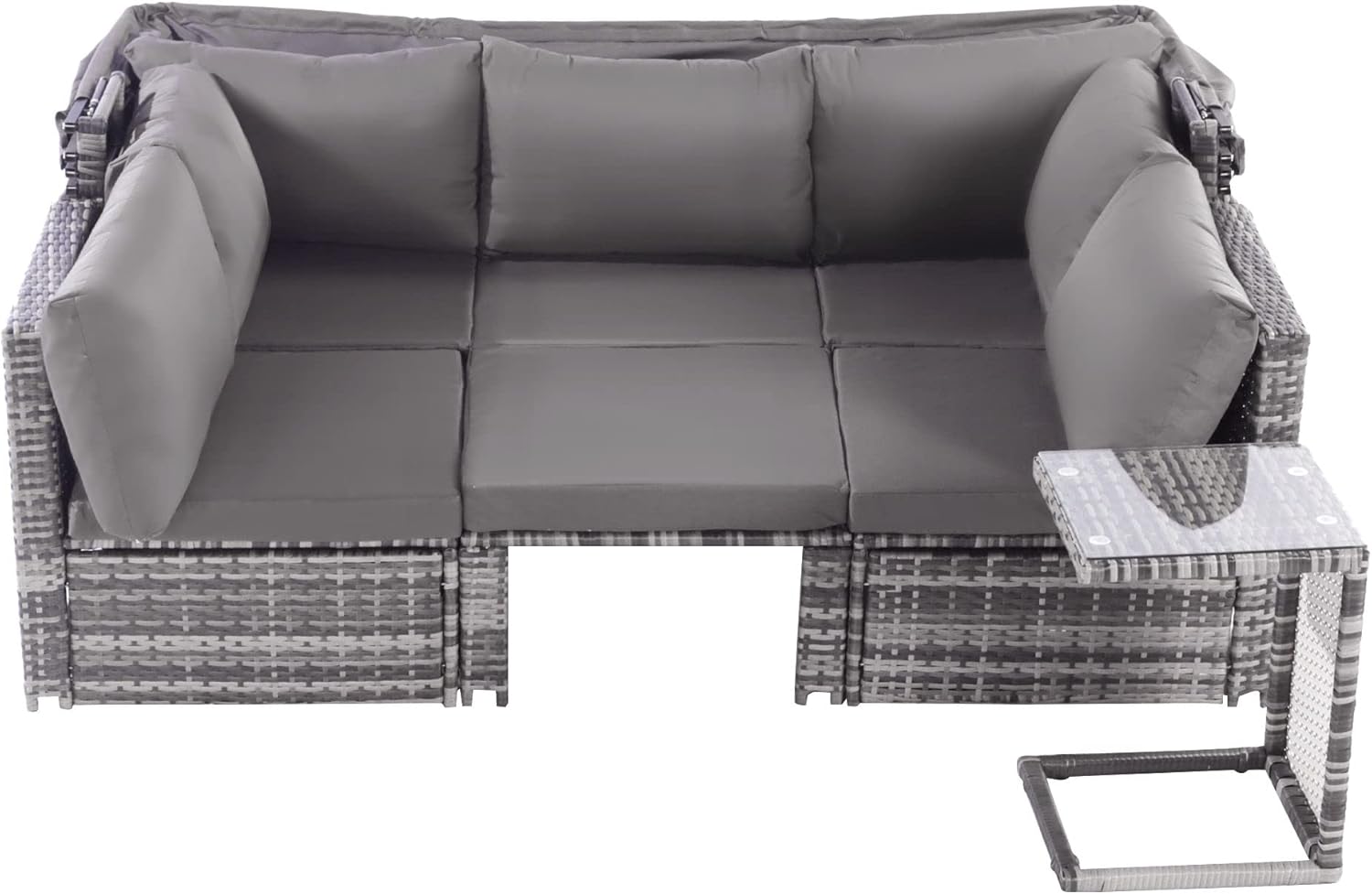 Merax Rattan-Gartenlounge-Set mit Sonnendach: Sofa, Hocker, Sessel und Tisch Allwettergeflecht, Wetterfest, Garten Sofa mit Sonnendach, Terrassenmöbel Sitzgruppe inkl. Kissen und Beistelltisch, Grau — Ansicht 6