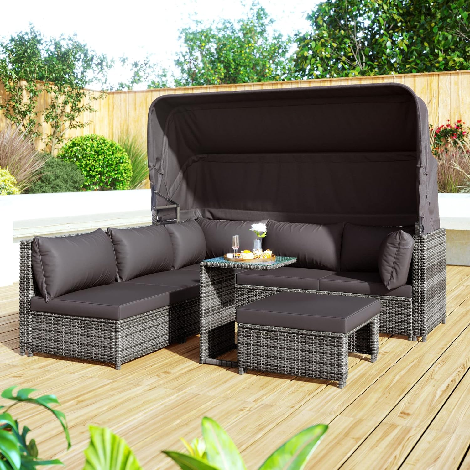 Merax Rattan-Gartenlounge-Set mit Sonnendach: Sofa, Hocker, Sessel und Tisch Allwettergeflecht, Wetterfest, Garten Sofa mit Sonnendach, Terrassenmöbel Sitzgruppe inkl. Kissen und Beistelltisch, Grau