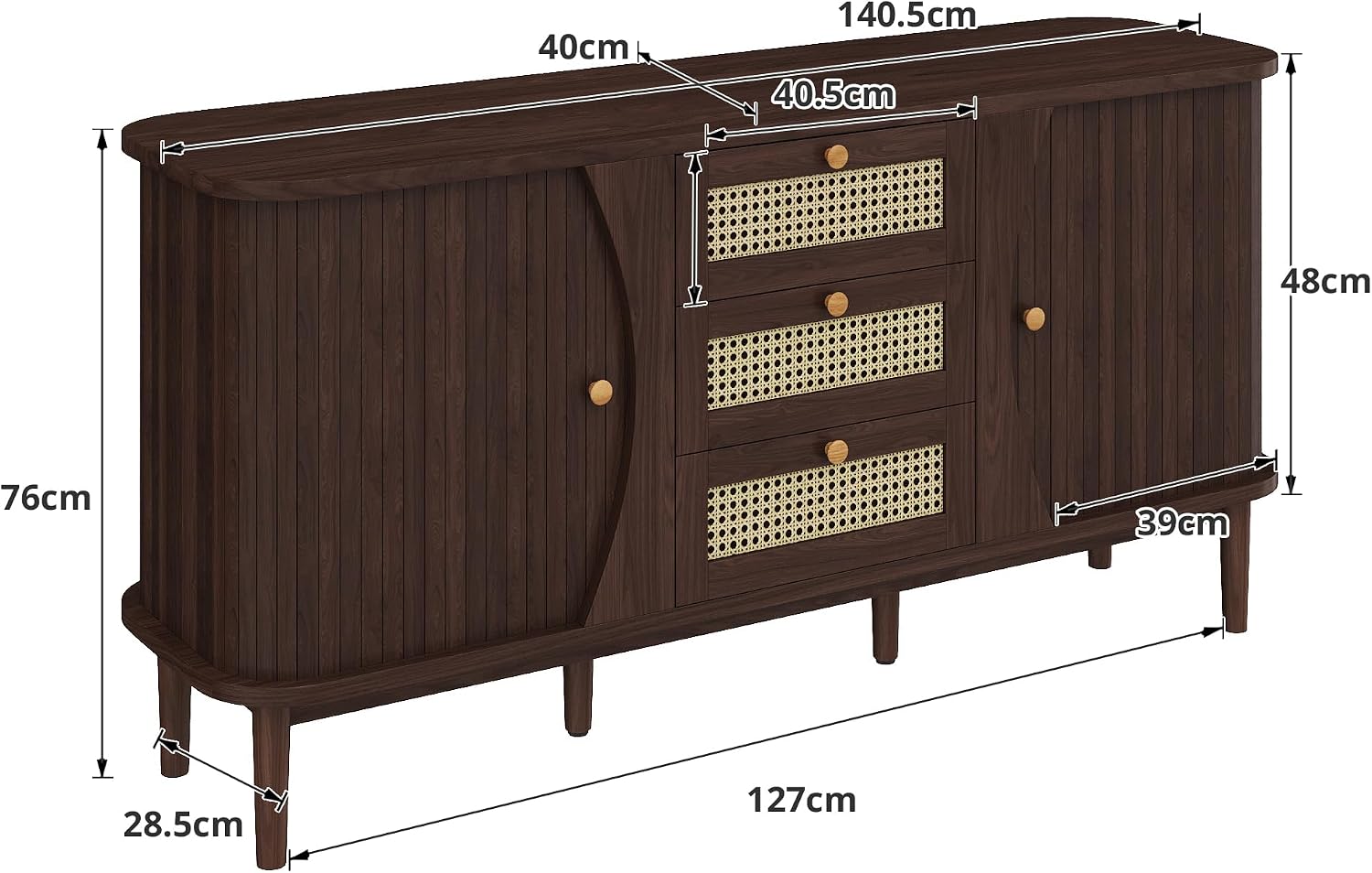 Merax Rattan Sideboard Kommode mit 3 Rattan Schubladen und 2 Schiebetüren, Sideboard Holz Küchenschrank Buffet mit verstellbaren Einlegeböden, gewölbter Platte Design, Walnuss/140.5x40x76cm — Ansicht 2