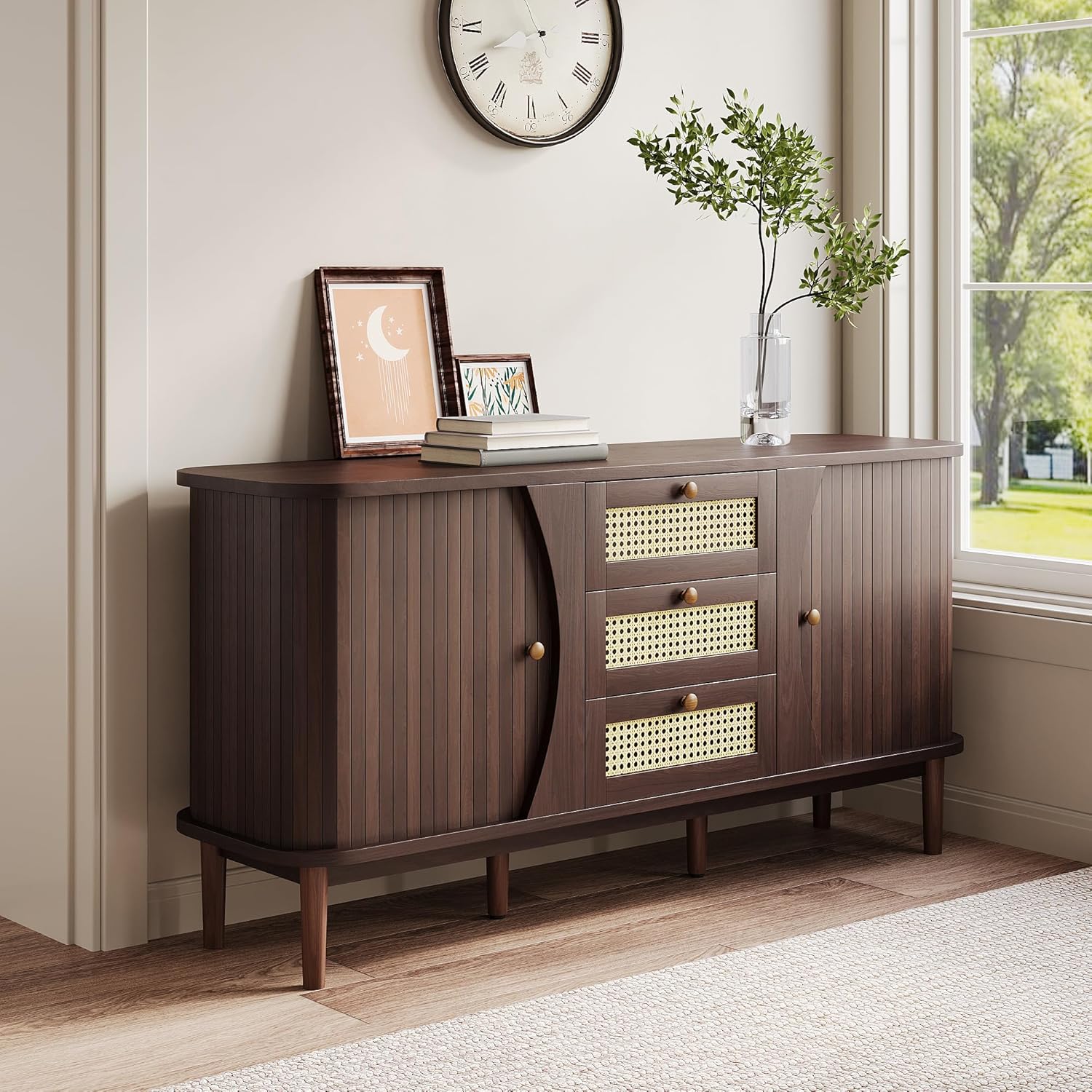 Merax Rattan Sideboard Kommode mit 3 Rattan Schubladen und 2 Schiebetüren, Sideboard Holz Küchenschrank Buffet mit verstellbaren Einlegeböden, gewölbter Platte Design, Walnuss/140.5x40x76cm — Ansicht 3
