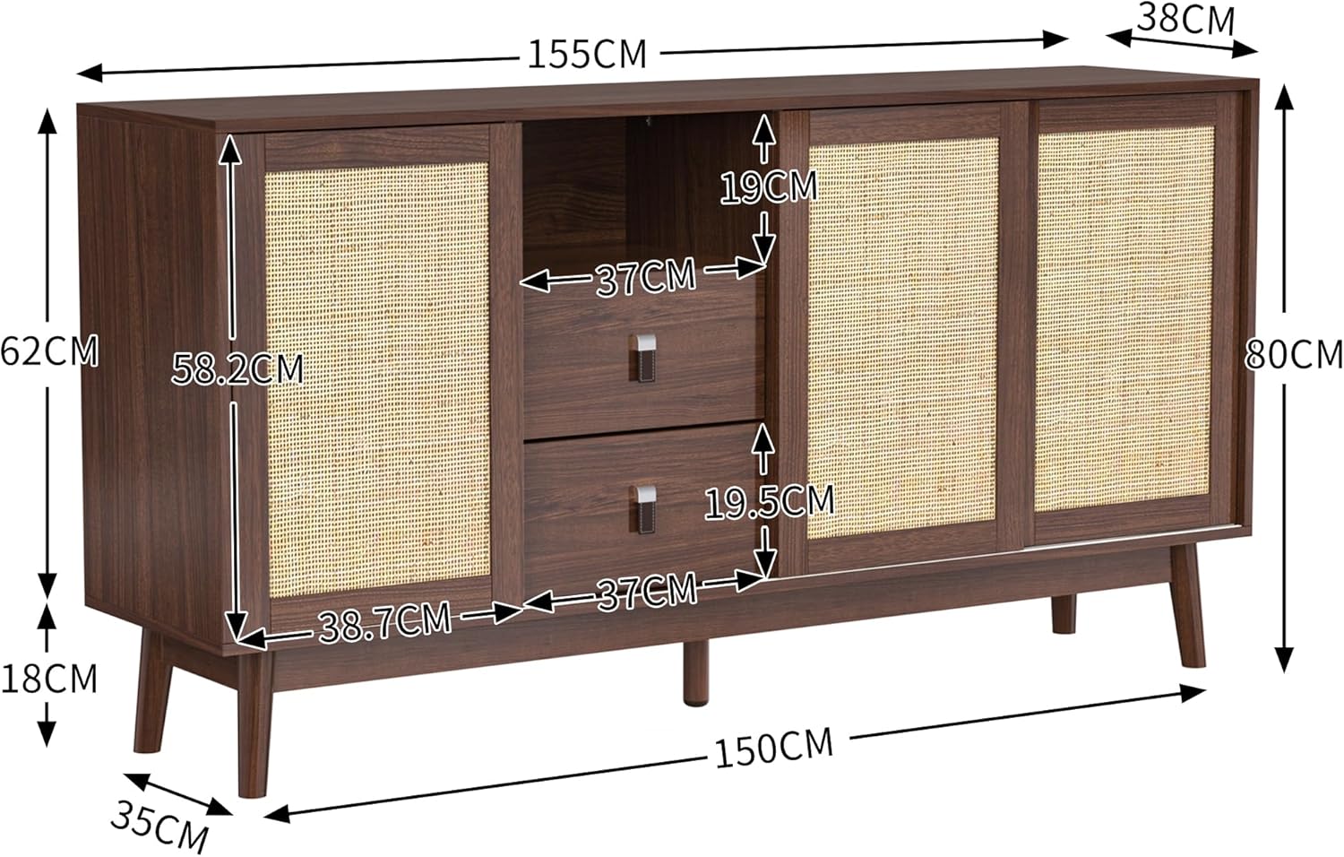 Merax Rattan Sideboard mit 3 Schiebetüren & 2 Schubladen, 155x38x80 cm, Sideboard Kommode mit Stauraum & Massivholzfüßen, Anrichte Wohnzimmer Esszimmer Flur, Schrank modern & stabil — Ansicht 2