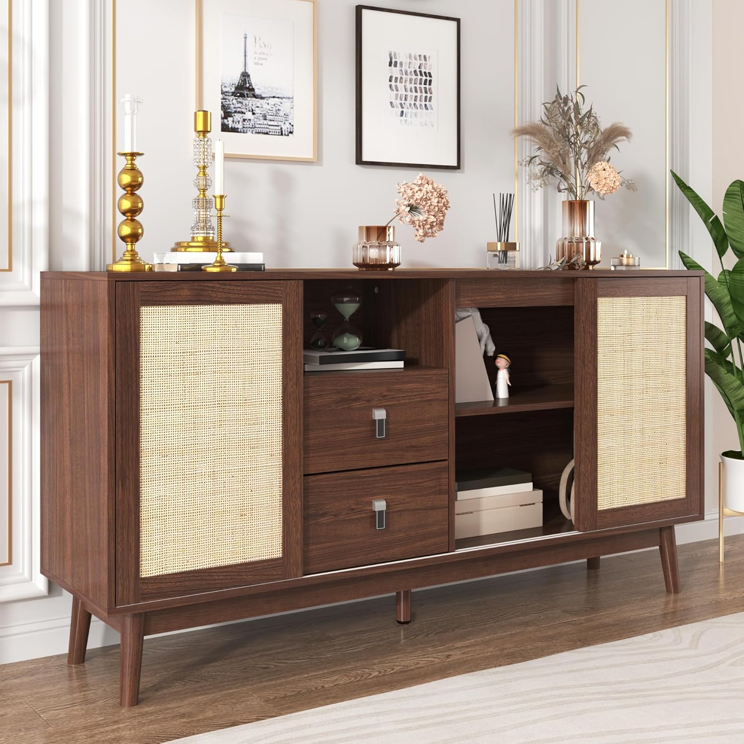 Merax Rattan Sideboard mit 3 Schiebetüren & 2 Schubladen, 155x38x80 cm, Sideboard Kommode mit Stauraum & Massivholzfüßen, Anrichte Wohnzimmer Esszimmer Flur, Schrank modern & stabil — Ansicht 3