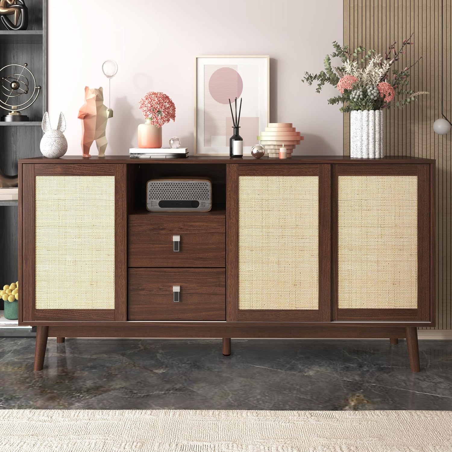 Merax Rattan Sideboard mit 3 Schiebetüren & 2 Schubladen, 155x38x80 cm, Sideboard Kommode mit Stauraum & Massivholzfüßen, Anrichte Wohnzimmer Esszimmer Flur, Schrank modern & stabil — Ansicht 5