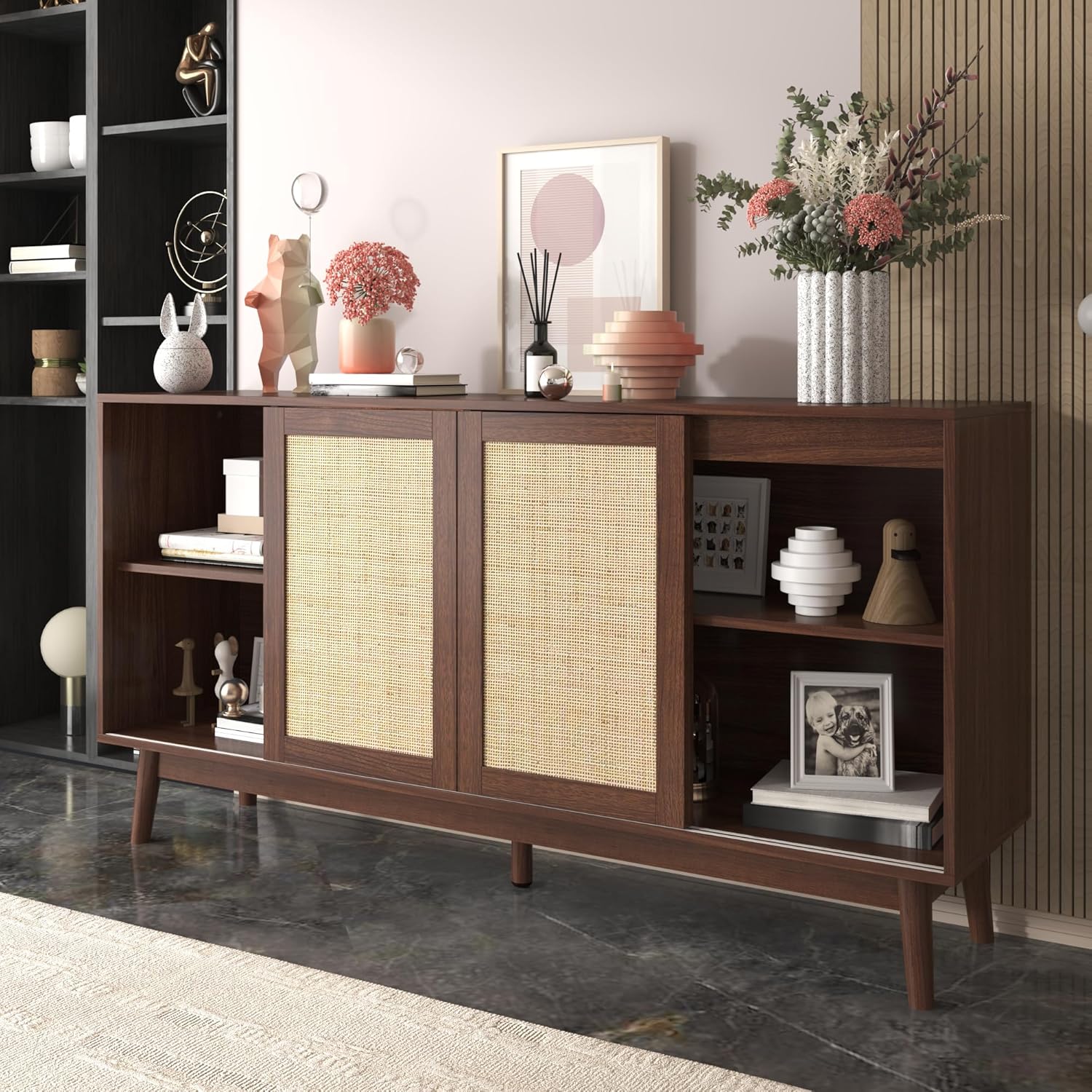 Merax Rattan Sideboard mit 3 Schiebetüren & 2 Schubladen, 155x38x80 cm, Sideboard Kommode mit Stauraum & Massivholzfüßen, Anrichte Wohnzimmer Esszimmer Flur, Schrank modern & stabil — Ansicht 6