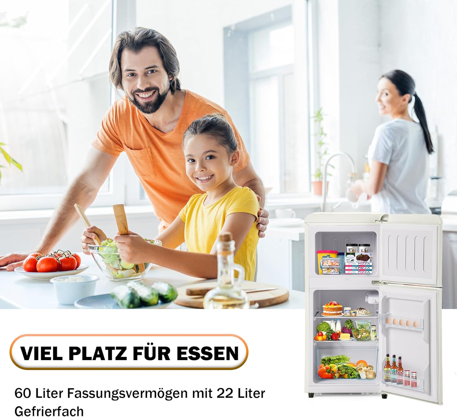 Merax Retro Kühlschrank, 60L Mini-Kühlschrank mit Gefrierschrank,Kühl-Gefrierkombination,22 Liter Gefrierfach, 38 Liter Kühlfach,102 kWh/Jahr, LED-Beleuchtung, cremeweiß — Ansicht 3