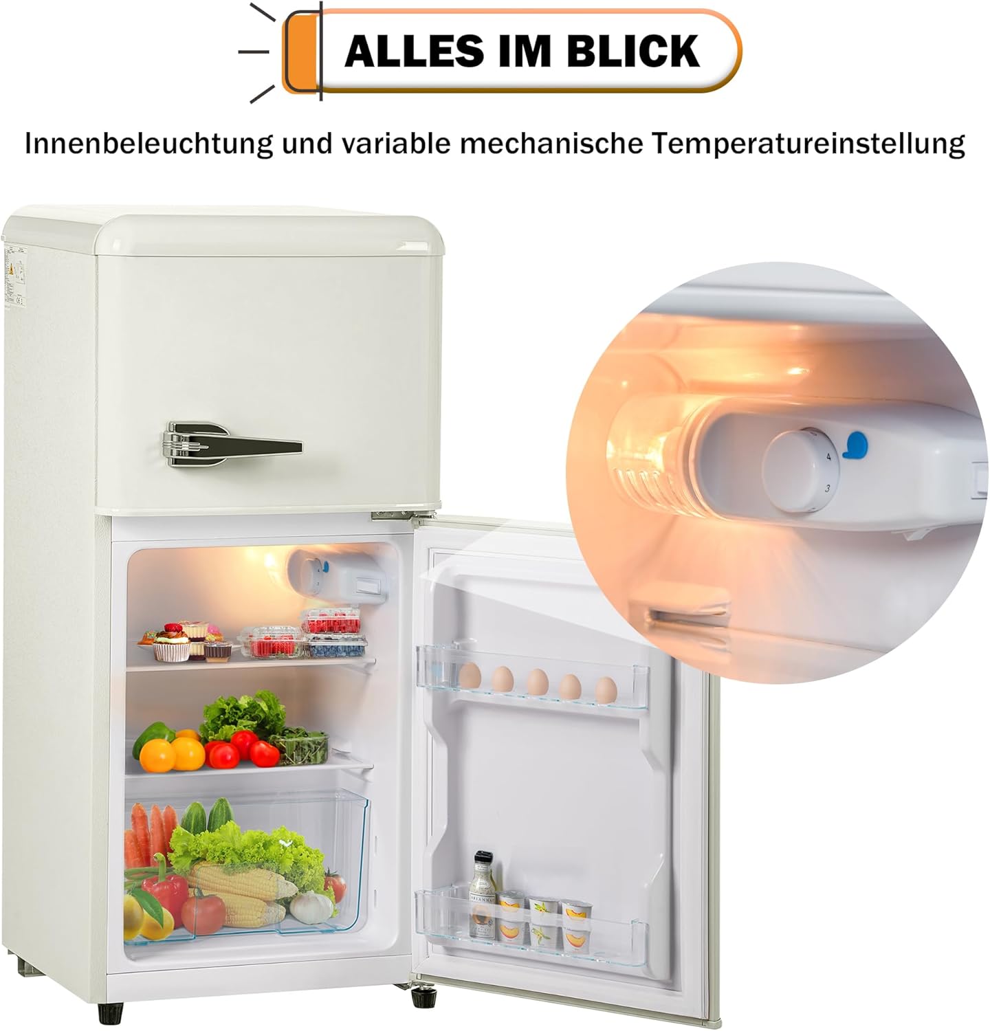 Merax Retro Kühlschrank, 60L Mini-Kühlschrank mit Gefrierschrank,Kühl-Gefrierkombination,22 Liter Gefrierfach, 38 Liter Kühlfach,102 kWh/Jahr, LED-Beleuchtung, cremeweiß — Ansicht 4
