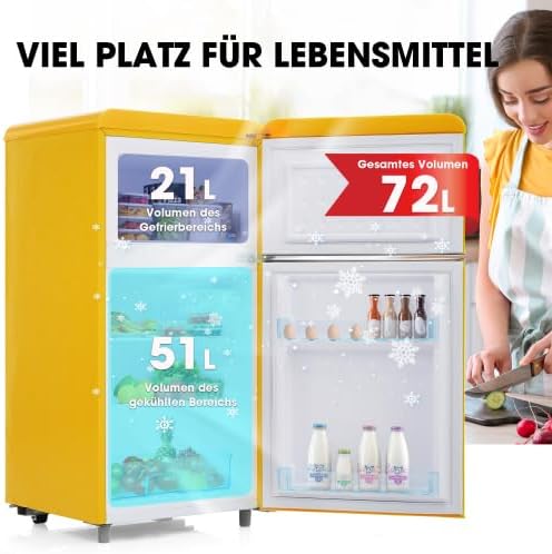 Merax Retro Kühlschrank mit Gefrierfach – 72L Mini Kühlschrank, 21L Gefrierfach, 51L Kühlfach, 120 kWh/Jahr, Energieeffizienzklasse E, LED-Licht, Gelb — Ansicht 4