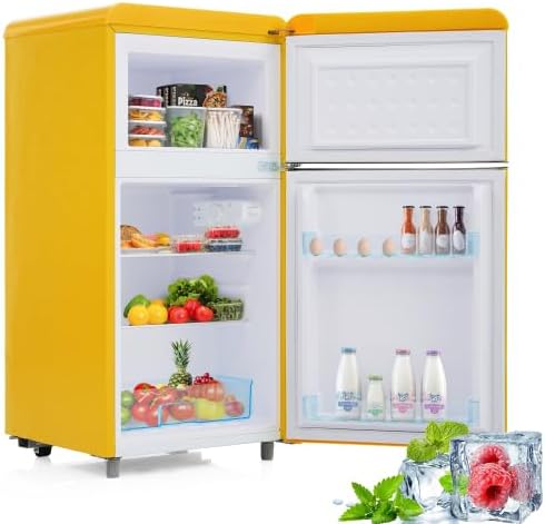 Merax Retro Kühlschrank mit Gefrierfach – 72L Mini Kühlschrank, 21L Gefrierfach, 51L Kühlfach, 120 kWh/Jahr, Energieeffizienzklasse E, LED-Licht, Gelb