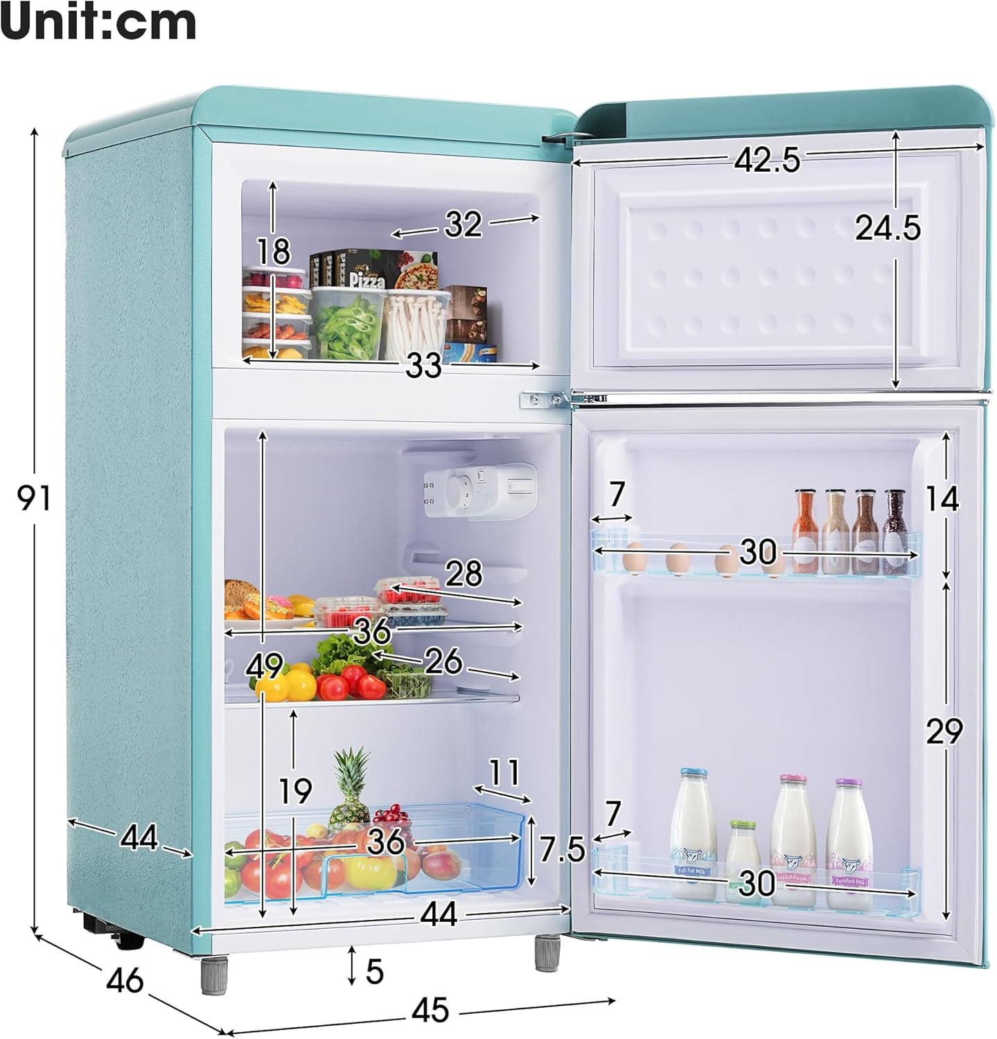 Merax Retro-Kühlschrank Mit Gefrierfach, 72L Mit 21 Liter Gefriervolumen, Klein Mit Gemüsefach, 120 kWh/Jahr, LED-Licht, Cyan — Ansicht 2