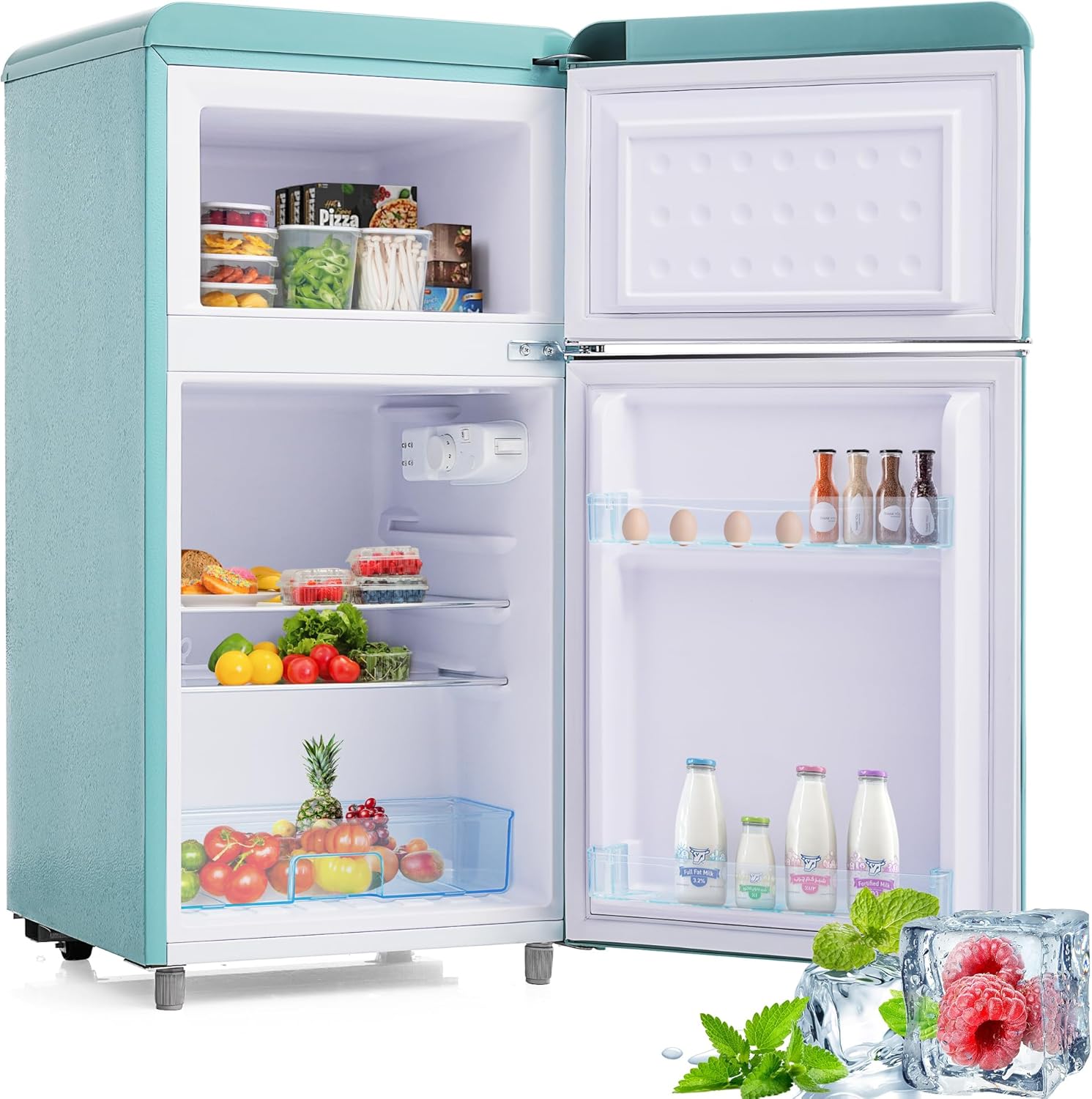 Merax Retro-Kühlschrank Mit Gefrierfach, 72L Mit 21 Liter Gefriervolumen, Klein Mit Gemüsefach, 120 kWh/Jahr, LED-Licht, Cyan