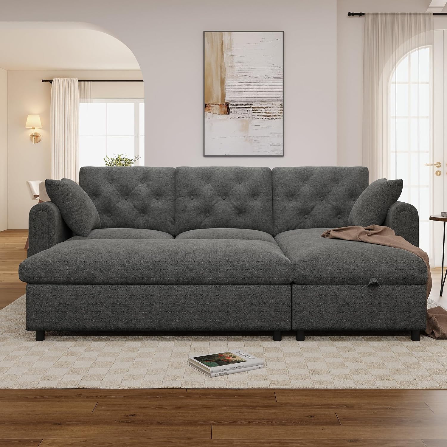Merax Samtsofa mit Chaise Longue und Fußhocker, Ecksofa mit Stauraum, Wohnlandschaft mit wechselbarer Chaiselongue (Links/rechts), Sofa mit Magazintaschen, Grau, 219 × 131 × 86 cm — Ansicht 4