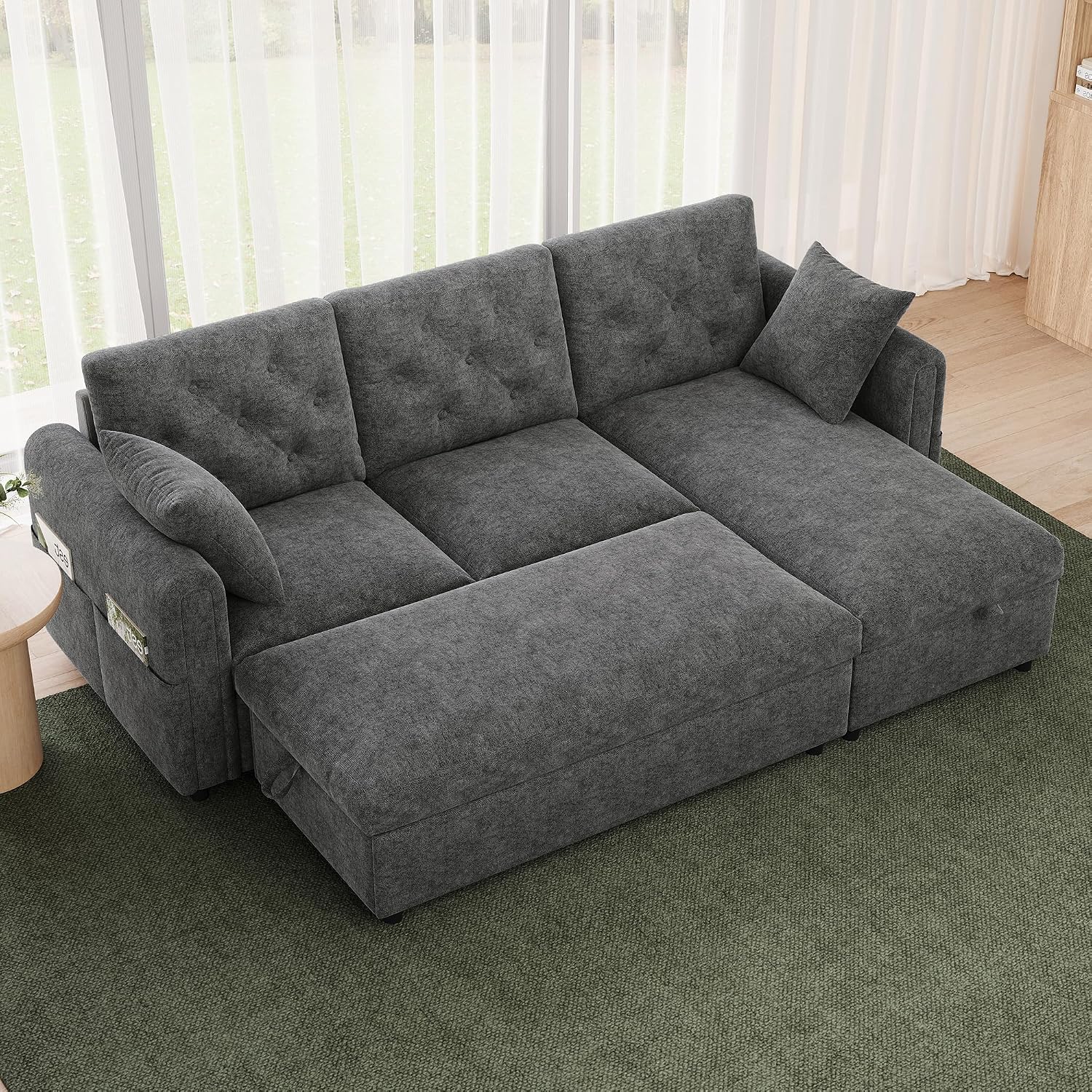 Merax Samtsofa mit Chaise Longue und Fußhocker, Ecksofa mit Stauraum, Wohnlandschaft mit wechselbarer Chaiselongue (Links/rechts), Sofa mit Magazintaschen, Grau, 219 × 131 × 86 cm — Ansicht 6