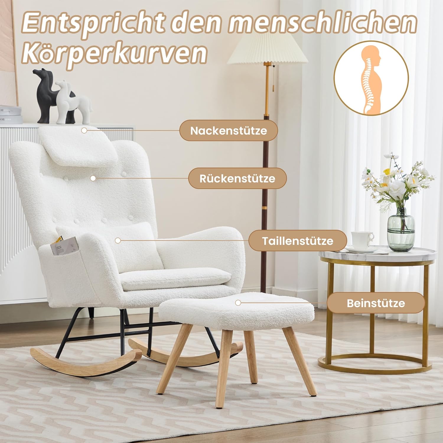 Merax Schaukelstuhl mit Hocker, Sessel Schaukelsessel mit Armlehnen, Relaxsessel aus Teddysamtstoff, Moderner Relaxstuhl, bis 100 kg belastbar, für Wohnzimmer und Schlafzimmer — Ansicht 3