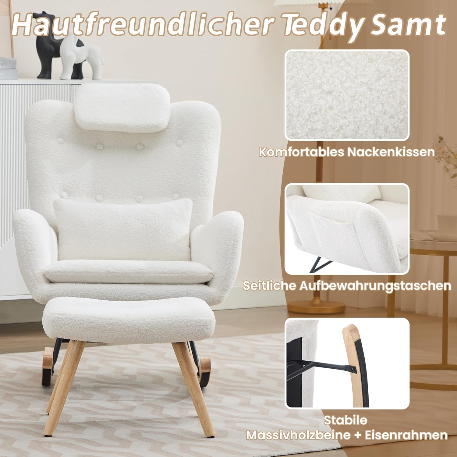 Merax Schaukelstuhl mit Hocker, Sessel Schaukelsessel mit Armlehnen, Relaxsessel aus Teddysamtstoff, Moderner Relaxstuhl, bis 100 kg belastbar, für Wohnzimmer und Schlafzimmer — Ansicht 5