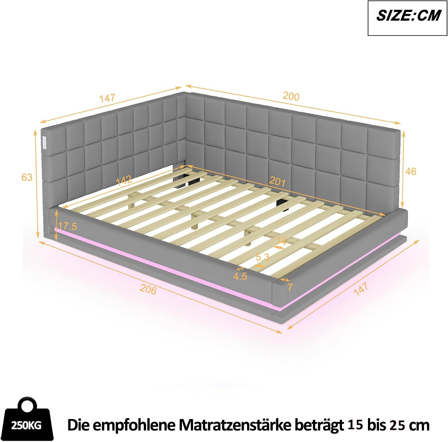 Merax Schlafcouch 140 x 200 cm, Schlaffunktion Schlafsofa mit LED Lichtleiste, USB Steckdose, Polsterbett 2 Sitzer mit Lattenrost, Samtstoff, Gris (Ohne Matratze) — Ansicht 2