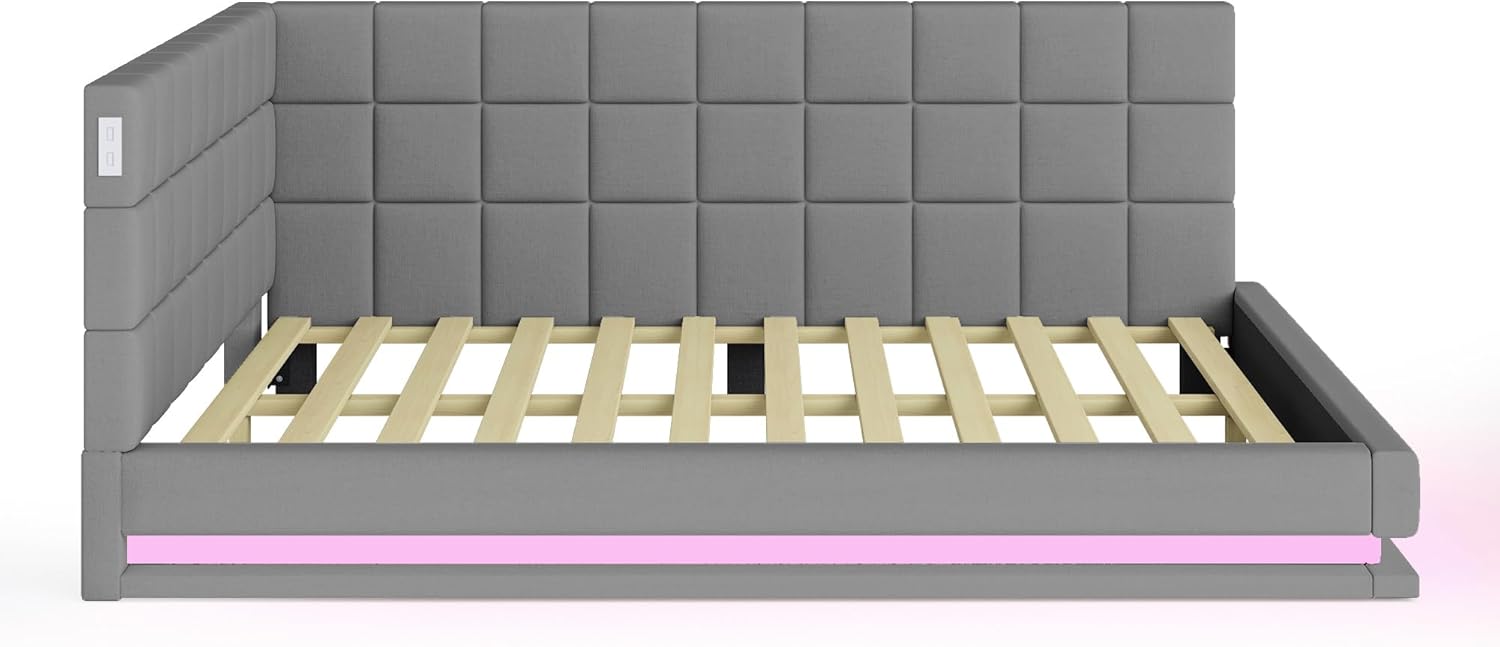Merax Schlafcouch 140 x 200 cm, Schlaffunktion Schlafsofa mit LED Lichtleiste, USB Steckdose, Polsterbett 2 Sitzer mit Lattenrost, Samtstoff, Gris (Ohne Matratze) — Ansicht 5