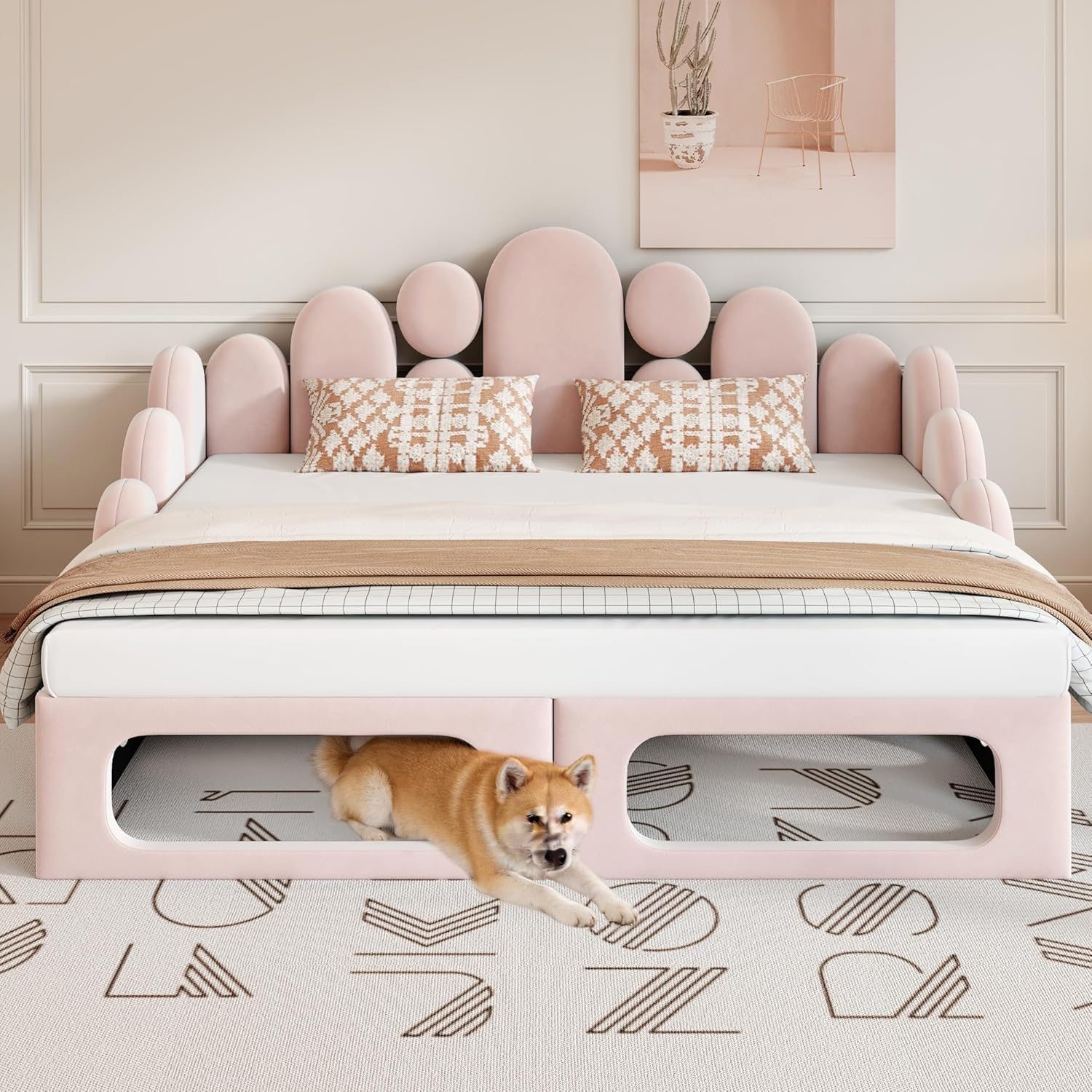 Merax Schlafsofa 180x200 cm mit Bettfunktion, Polsterbett 2-in-1 mit Lattenrost und Rückenlehne, Samt Polstersofa, Ausziehbares Bett, Multifunktionales Sofa Bett für Wohnzimmer Schlafzimmer, Rosa — Ansicht 3