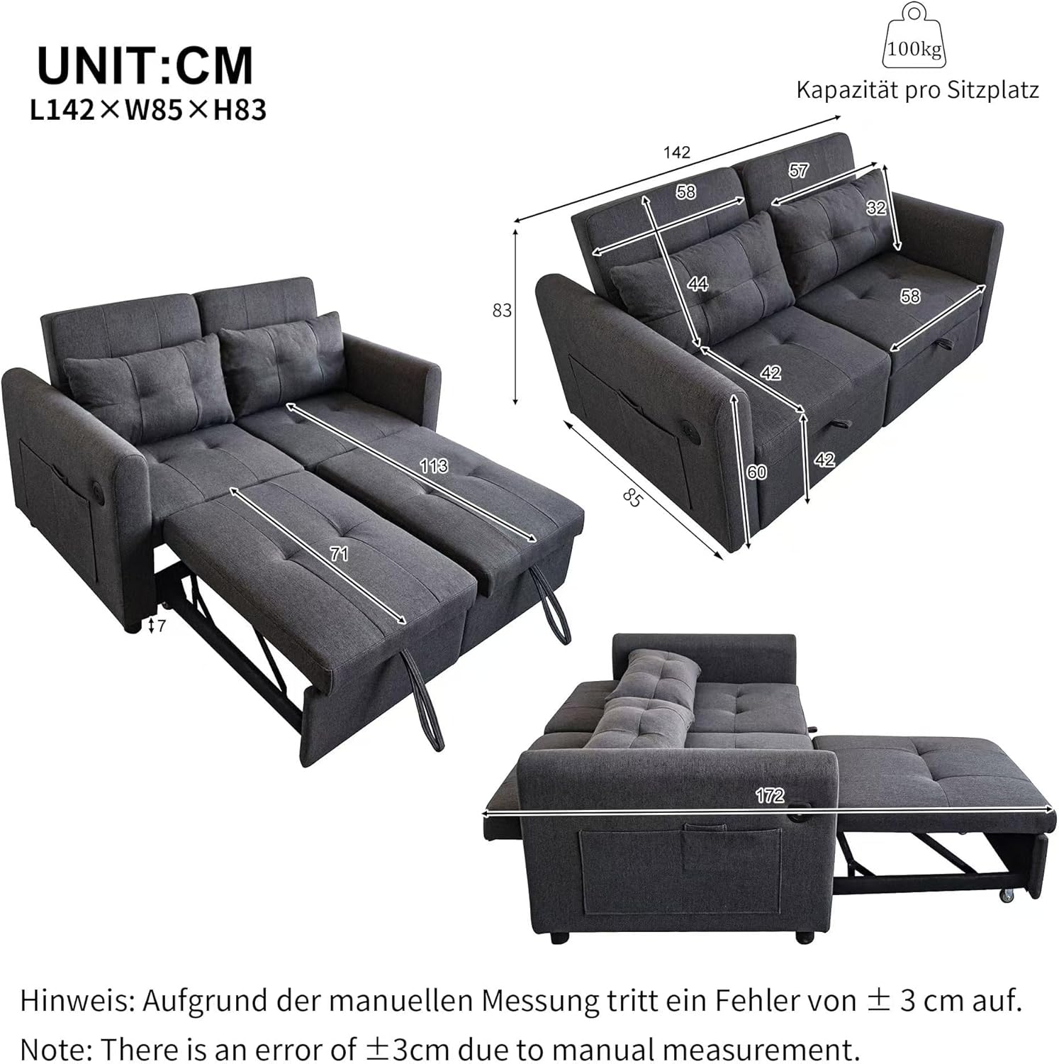 Merax Schlafsofa 2-Sitzer Sofa mit Schlaffunktion, Klappbares 3-in-1 Schlafcouch mit Verstellbarer Rückenlehne, USB-Anschlüssen und Armlehnentaschen, Grau 142 x 85 x 83 cm — Ansicht 2