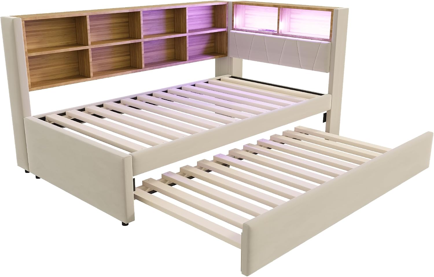 Merax Schlafsofa 90 x 200 cm, mit Ausziehbett 90 x 190 cm, Schlafcouch Ausziehbar mit LED Leuchten und Ablagefächern, Flanell, Beige (Ohne Matratze) — Ansicht 4