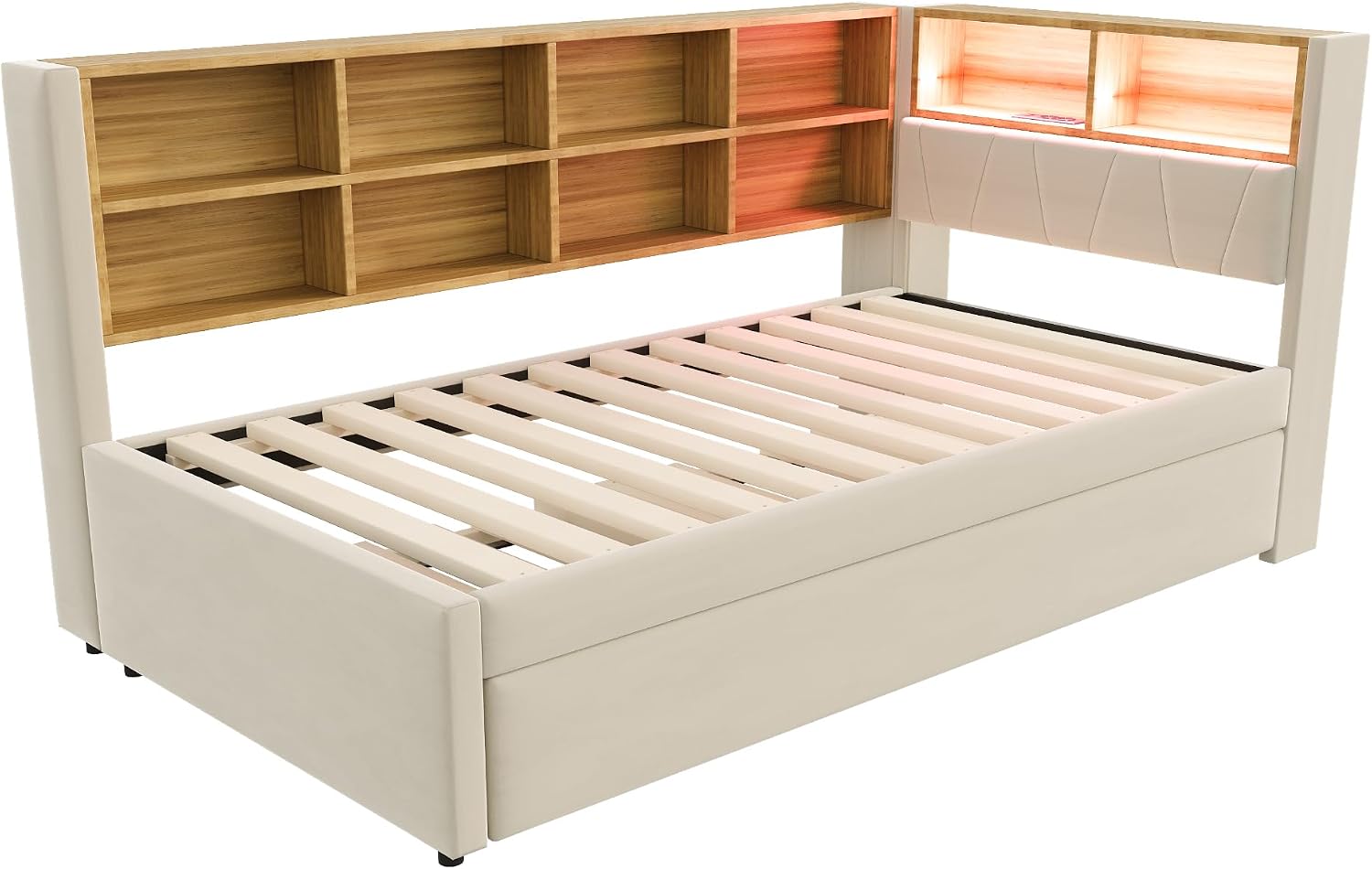 Merax Schlafsofa 90 x 200 cm, mit Ausziehbett 90 x 190 cm, Schlafcouch Ausziehbar mit LED Leuchten und Ablagefächern, Flanell, Beige (Ohne Matratze) — Ansicht 5