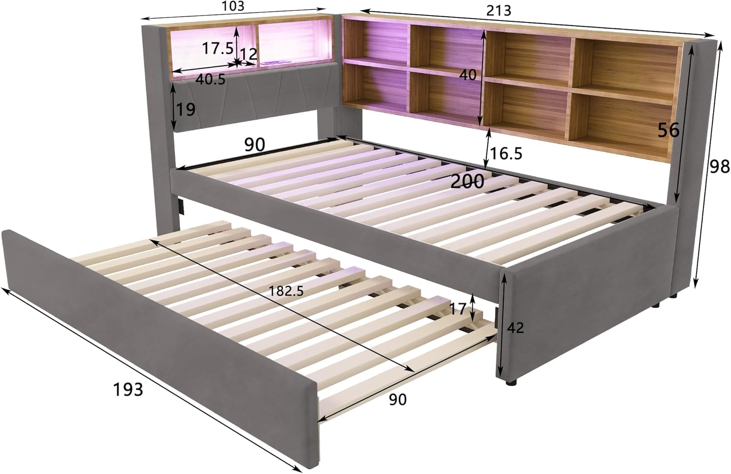 Merax Schlafsofa 90x200 cm, mit Ausziehbett 90x190 cm, LED-Leuchten, Steckdosen & USB/Type-C-Anschlüssen, Polsterbett mit viel Stauraum & Ablagefächern, Flanellbezug, Dunkelgrau (ohne Matratze) — Ansicht 2