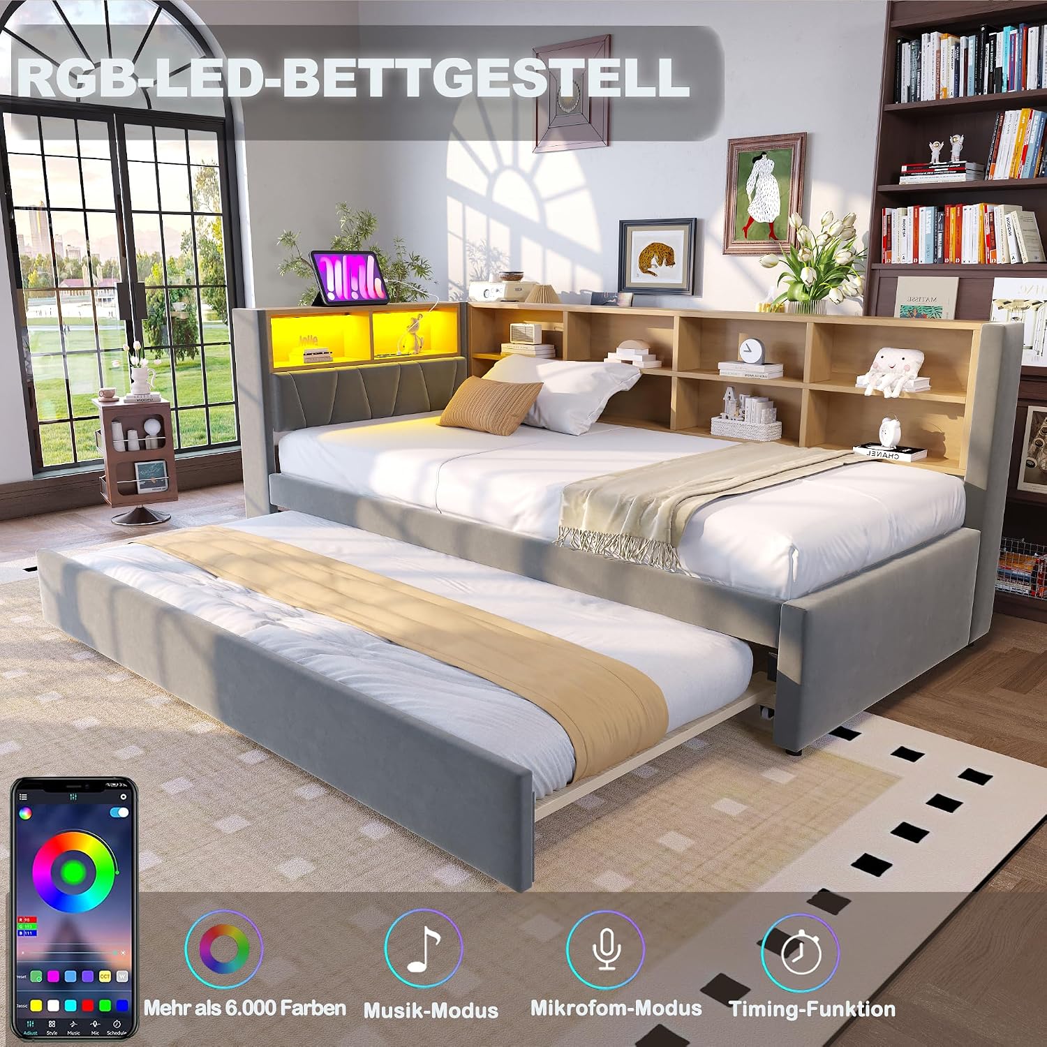 Merax Schlafsofa 90x200 cm, mit Ausziehbett 90x190 cm, LED-Leuchten, Steckdosen & USB/Type-C-Anschlüssen, Polsterbett mit viel Stauraum & Ablagefächern, Flanellbezug, Dunkelgrau (ohne Matratze) — Ansicht 3