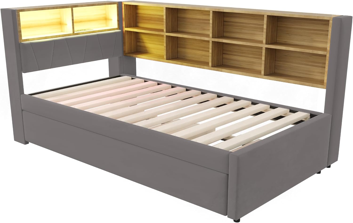 Merax Schlafsofa 90x200 cm, mit Ausziehbett 90x190 cm, LED-Leuchten, Steckdosen & USB/Type-C-Anschlüssen, Polsterbett mit viel Stauraum & Ablagefächern, Flanellbezug, Dunkelgrau (ohne Matratze) — Ansicht 4