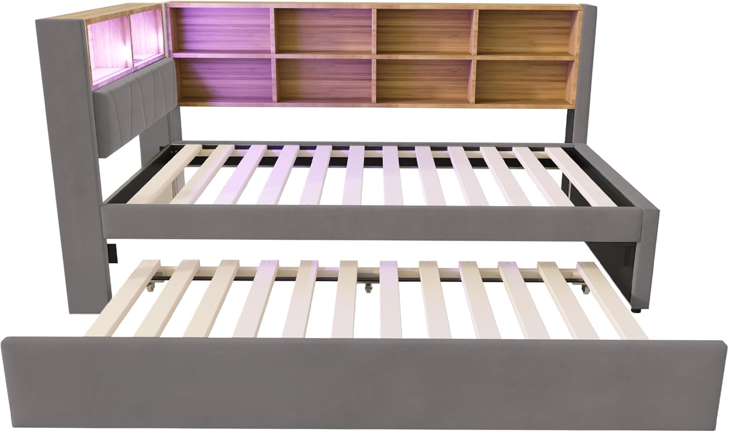 Merax Schlafsofa 90x200 cm, mit Ausziehbett 90x190 cm, LED-Leuchten, Steckdosen & USB/Type-C-Anschlüssen, Polsterbett mit viel Stauraum & Ablagefächern, Flanellbezug, Dunkelgrau (ohne Matratze) — Ansicht 5