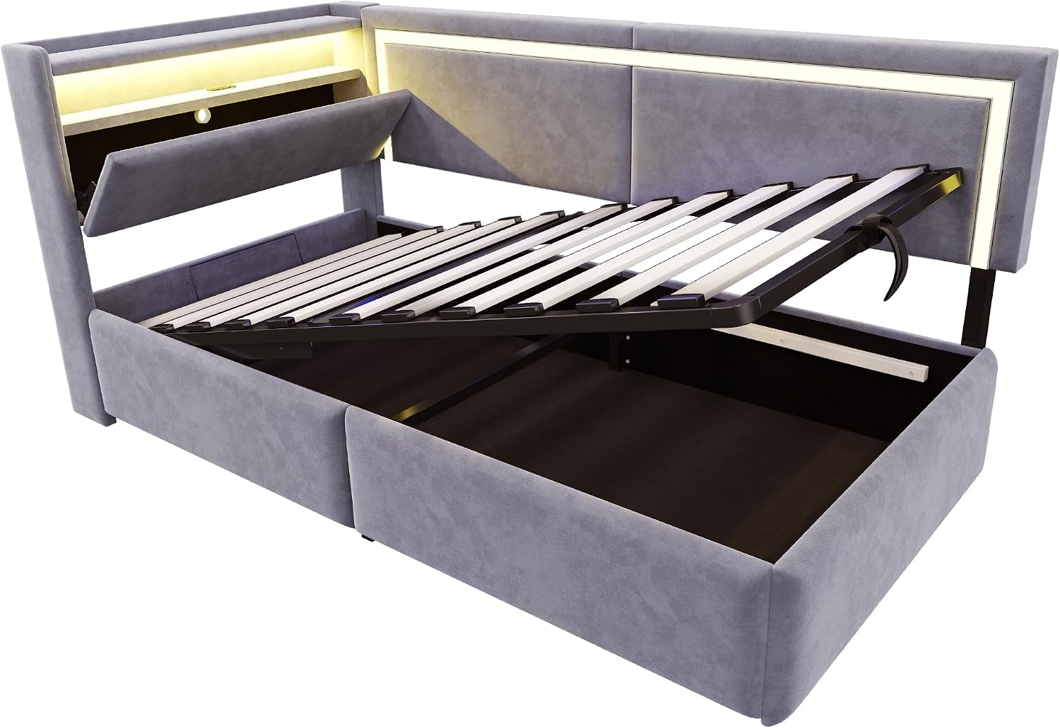 Merax Schlafsofa 90x200 cm, mit LED-Beleuchtung und USB, Kopfteil mit Stauraum und klappbarer Funktion, Hydraulischer Bettkasten, Lattenrost, Samtstoff, Hellgrau (ohne Matratze) — Ansicht 6