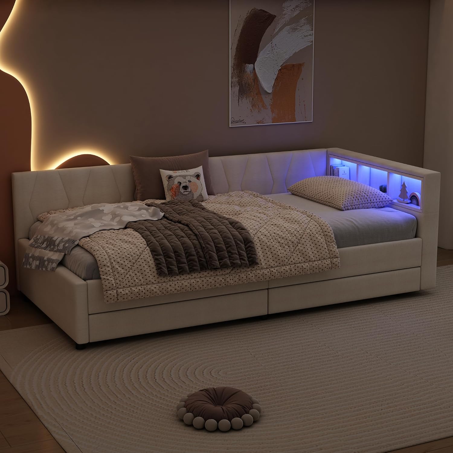 Merax Schlafsofa Tagesbett 90x200 cm mit Zwei Schubladen, LED-Lichtstreifen, USB+Type-C, Ablagefach am Bett, Bettrahmen mit Lattenrost (ohne Matratze), Leinen, Beige — Ansicht 6