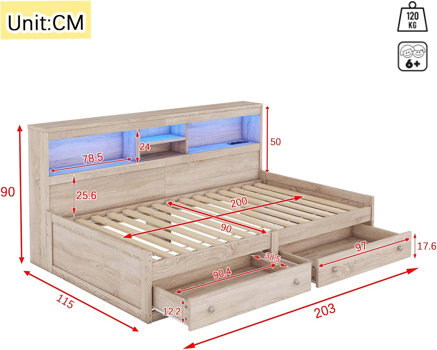 Merax Schlafsofa Tagesbett 90x200 mit Stauraum, Funktionsbett mit 2 Schubladen, USB-Ladebuchsen, Holzbett Bettrahmen mit Lattenrost (ohne Matratze), für Wohnzimmer/Schlafzimmer/Gästezimmer, Natur — Ansicht 2