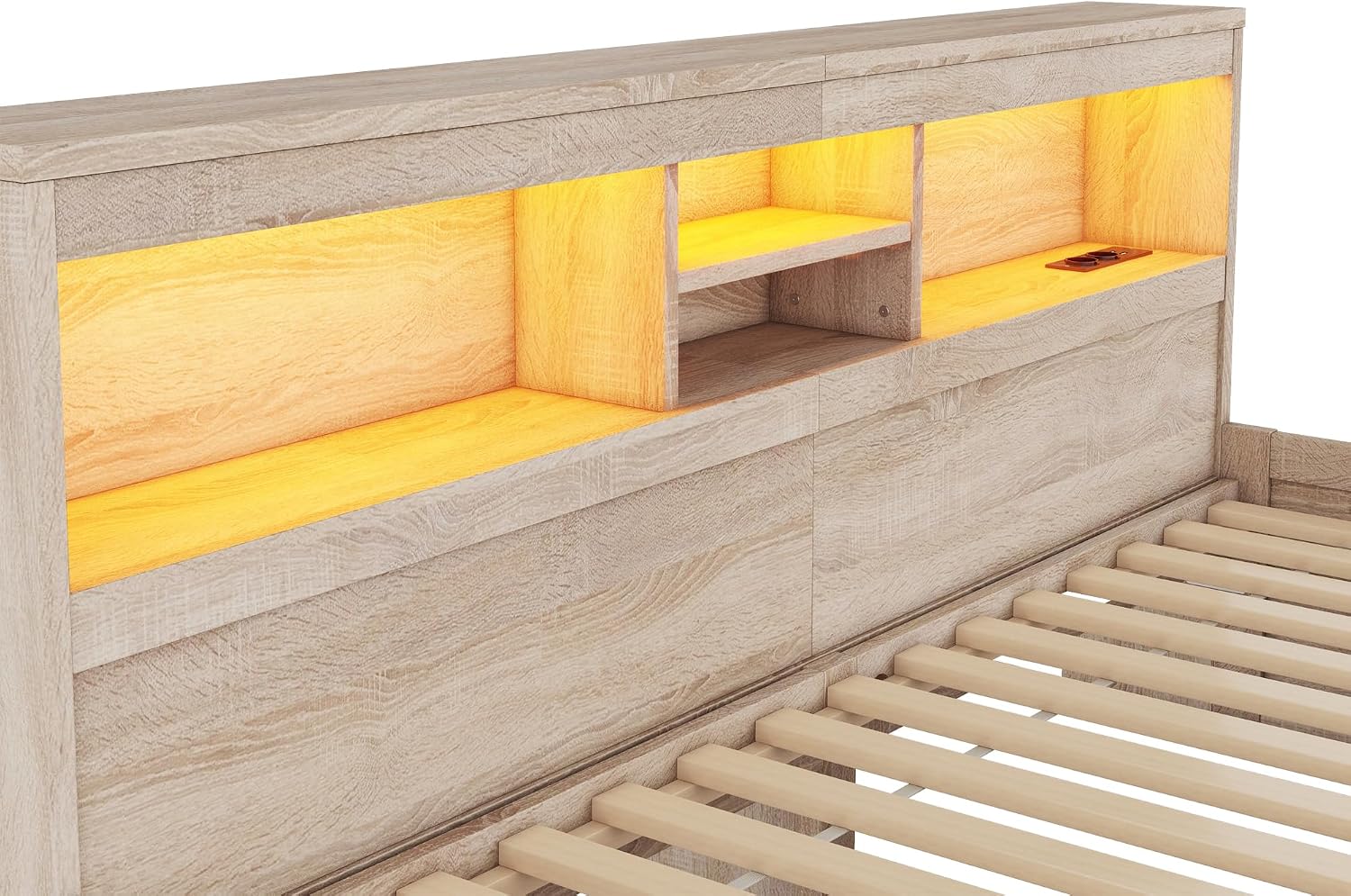 Merax Schlafsofa Tagesbett 90x200 mit Stauraum, Funktionsbett mit 2 Schubladen, USB-Ladebuchsen, Holzbett Bettrahmen mit Lattenrost (ohne Matratze), für Wohnzimmer/Schlafzimmer/Gästezimmer, Natur — Ansicht 6
