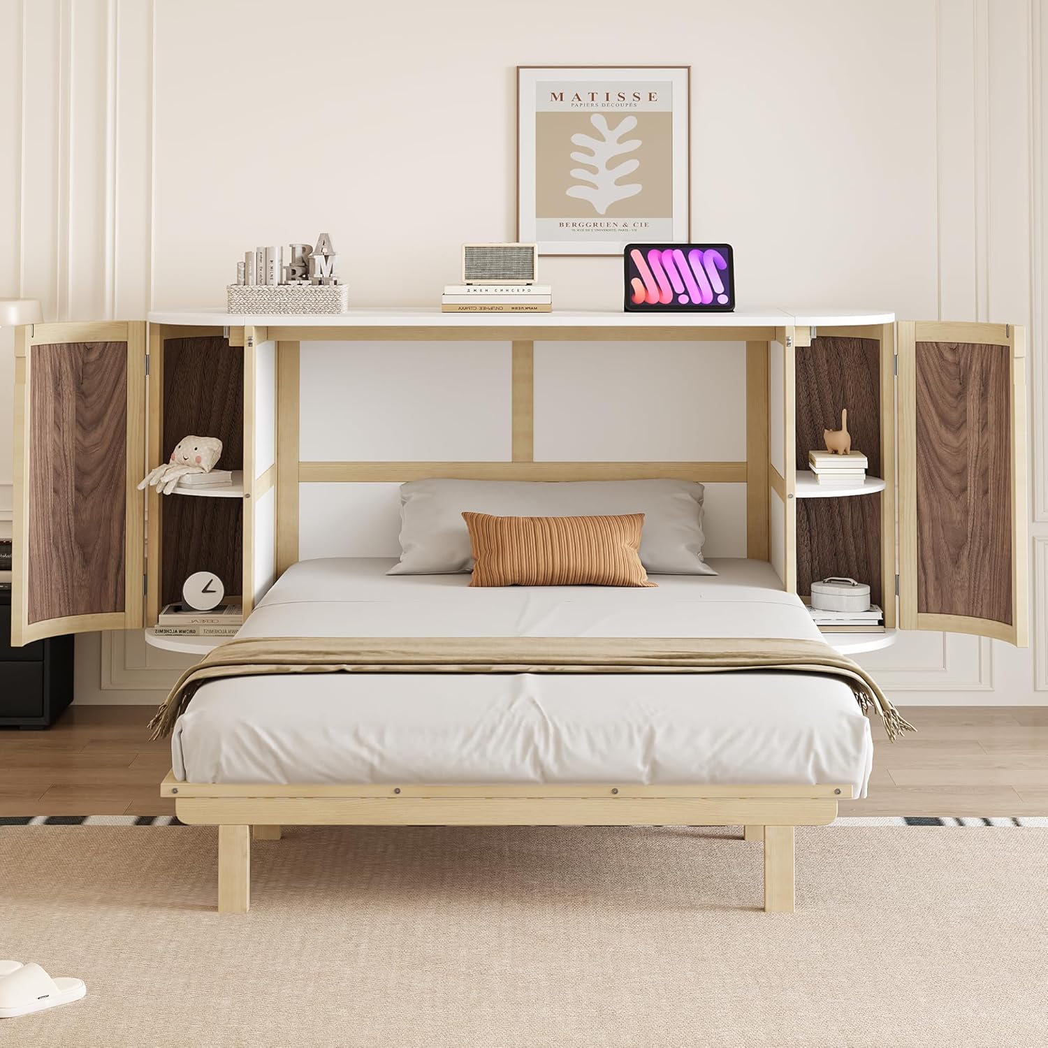 Merax Schrankbett 140x200 cm, Wandklappbett mit Lattenrost, Wandbett mit Staufächern und Rattan-Front, platzsparendes Klappbett, Holzbettrahmen, Jugendbett, Holzfarbe (ohne Matratze) — Ansicht 4