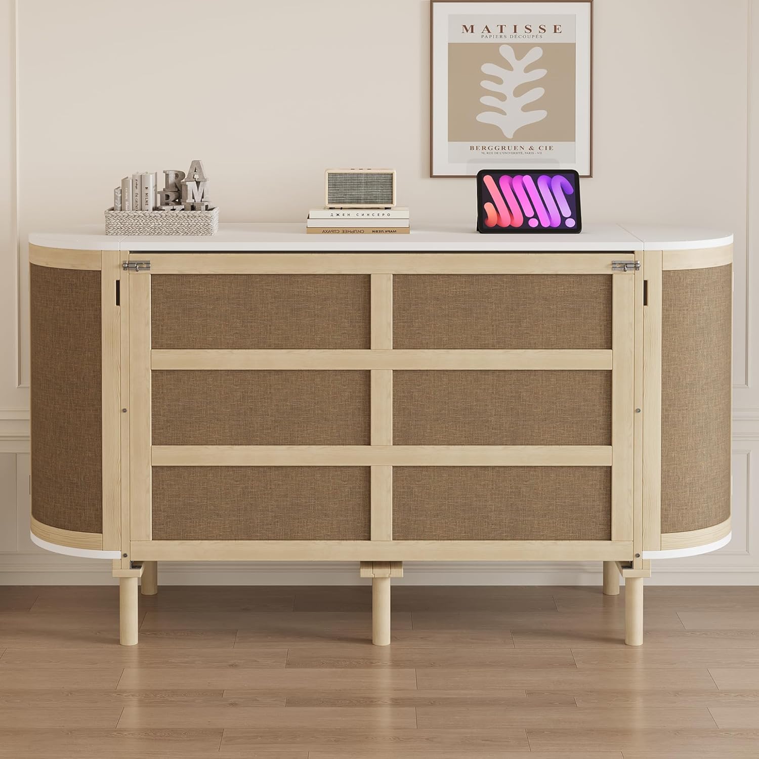 Merax Schrankbett 140x200 cm, Wandklappbett mit Lattenrost, Wandbett mit Staufächern und Rattan-Front, platzsparendes Klappbett, Holzbettrahmen, Jugendbett, Holzfarbe (ohne Matratze) — Ansicht 5