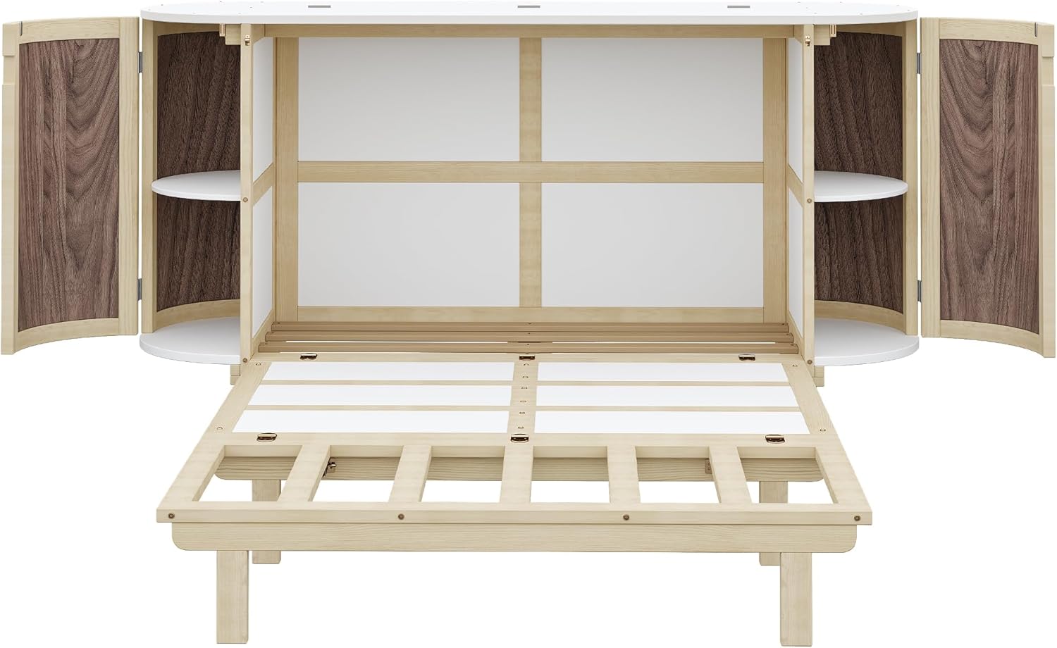 Merax Schrankbett 140x200 cm, Wandklappbett mit Lattenrost, Wandbett mit Staufächern und Rattan-Front, platzsparendes Klappbett, Holzbettrahmen, Jugendbett, Holzfarbe (ohne Matratze) — Ansicht 6