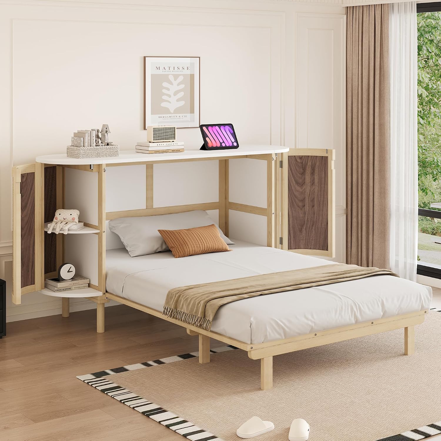 Merax Schrankbett 140x200 cm, Wandklappbett mit Lattenrost, Wandbett mit Staufächern und Rattan-Front, platzsparendes Klappbett, Holzbettrahmen, Jugendbett, Holzfarbe (ohne Matratze)