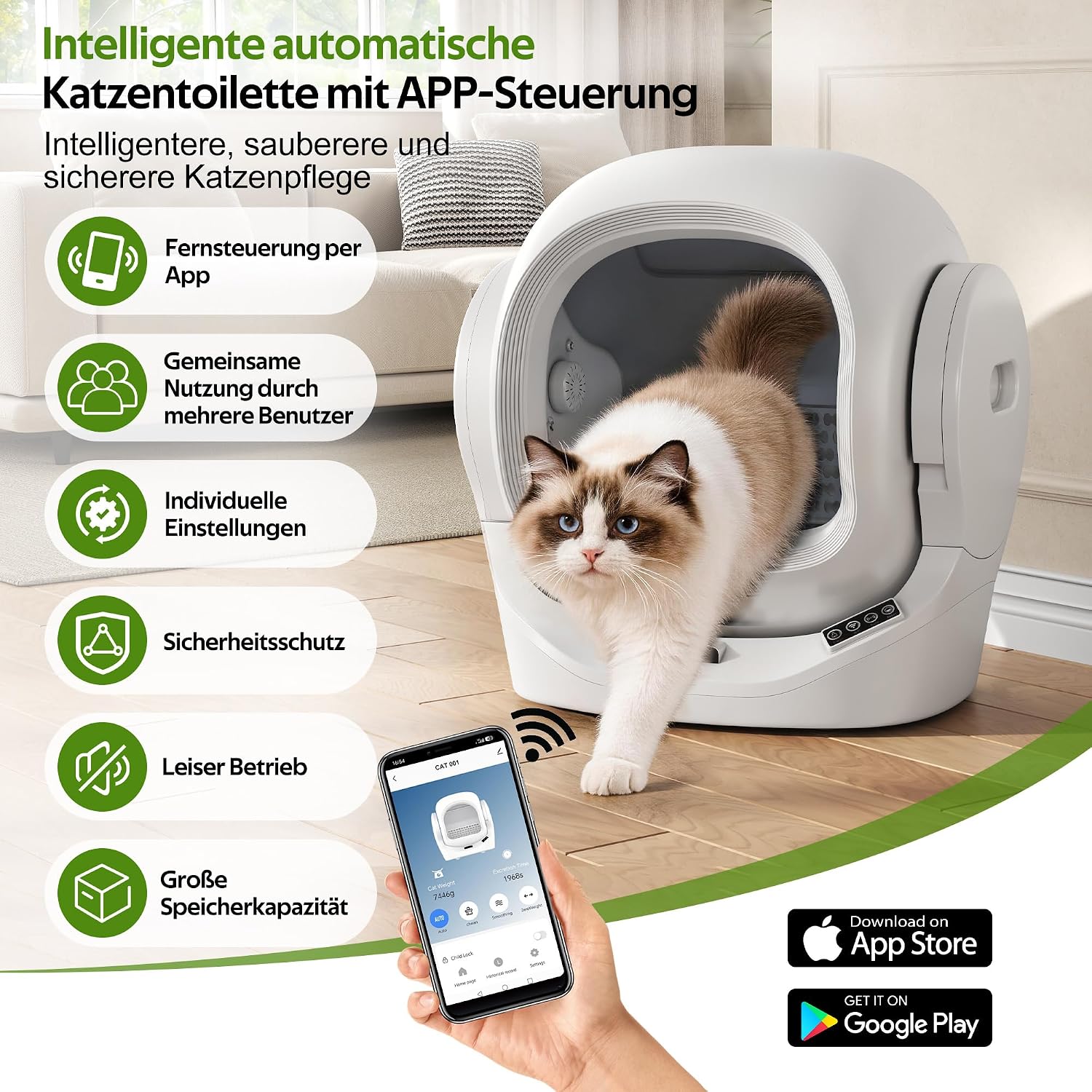 Merax Selbstreinigende Katzentoilette, Automatisches Katzenklo, APP-Steuerung/68L Max Kapazität/Infrarotsensor/Aromabox/Smart Monitor/sichere Kindersicherung/Abnehmbares Design, für mehrere Katzen — Ansicht 2