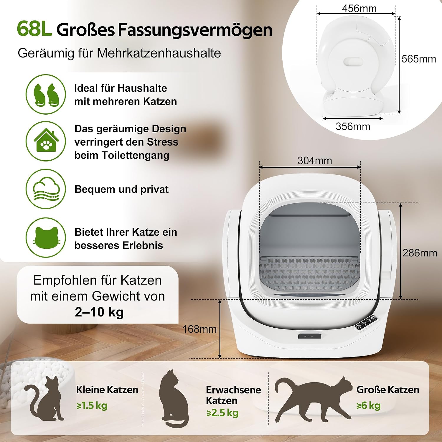 Merax Selbstreinigende Katzentoilette, Automatisches Katzenklo, APP-Steuerung/68L Max Kapazität/Infrarotsensor/Aromabox/Smart Monitor/sichere Kindersicherung/Abnehmbares Design, für mehrere Katzen — Ansicht 6