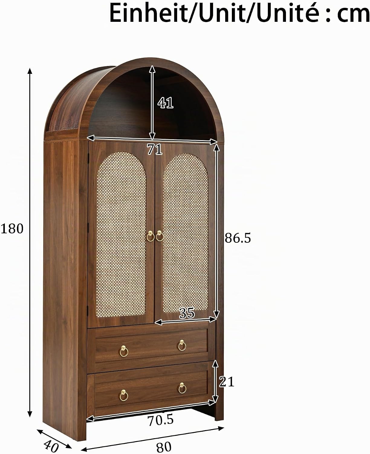 Merax Sideboard 80x40x180 cm, Rattan-Bogenstil Wardrobe mit 2 schubladen, Korbgeflecht-Türen, vielseitiger Aufbewahrungsschrank für Wohn- und Schlafzimmer, dunkle Holzfarbe — Ansicht 2