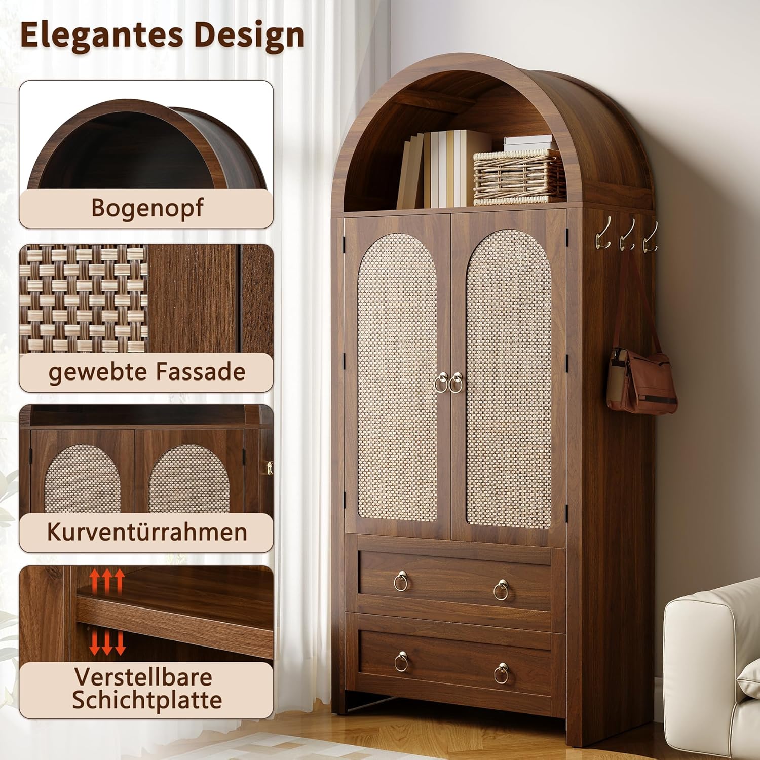 Merax Sideboard 80x40x180 cm, Rattan-Bogenstil Wardrobe mit 2 schubladen, Korbgeflecht-Türen, vielseitiger Aufbewahrungsschrank für Wohn- und Schlafzimmer, dunkle Holzfarbe — Ansicht 4