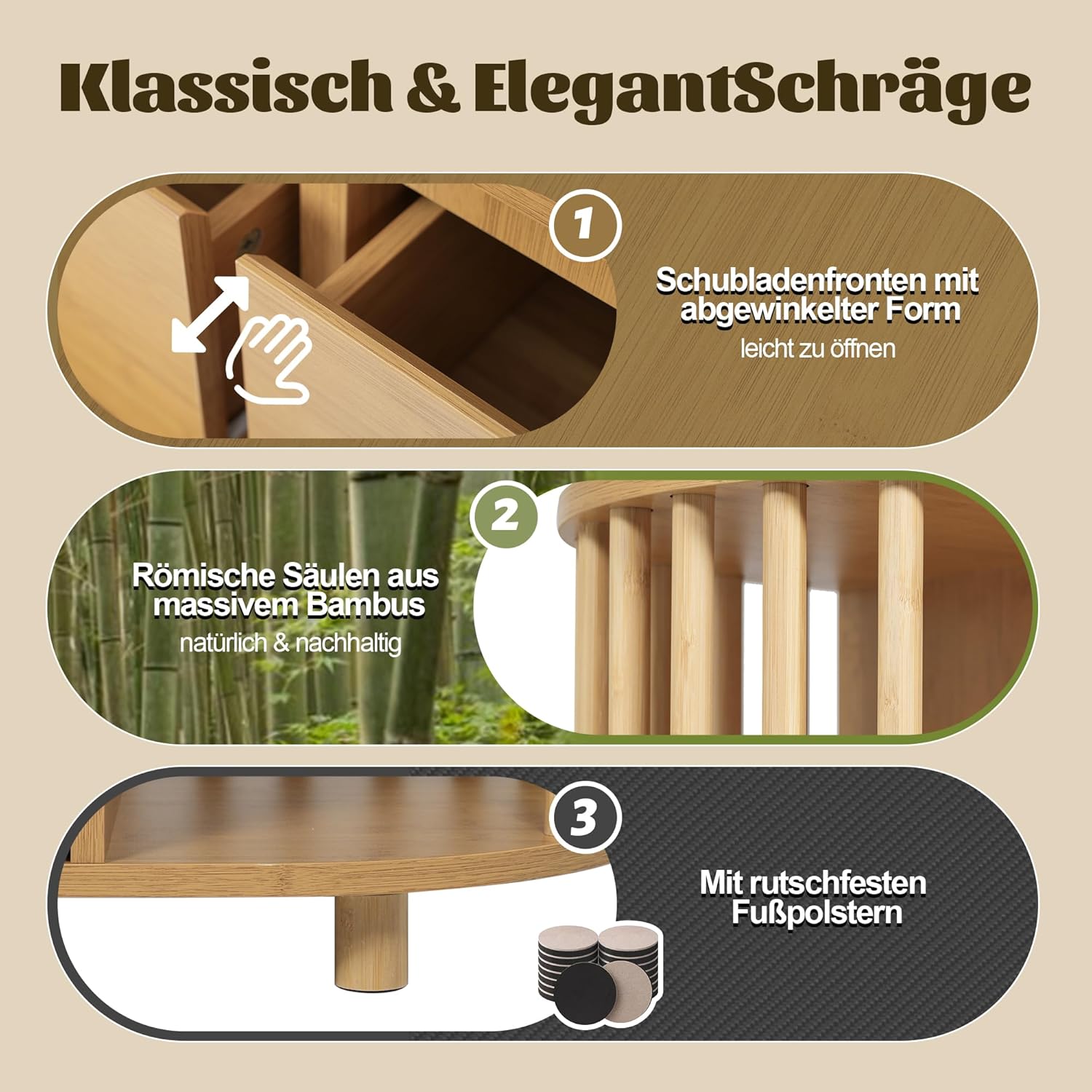 Merax Sideboard Kommode mit 6 Schubladen & offene Regale, Sideboard Holz Küchenschrank Buffet mit Römisches Design mit Säulen & Bambus-Regalen & Höhenverstellbare Füße, Eiche/160x40x75 cm — Ansicht 5