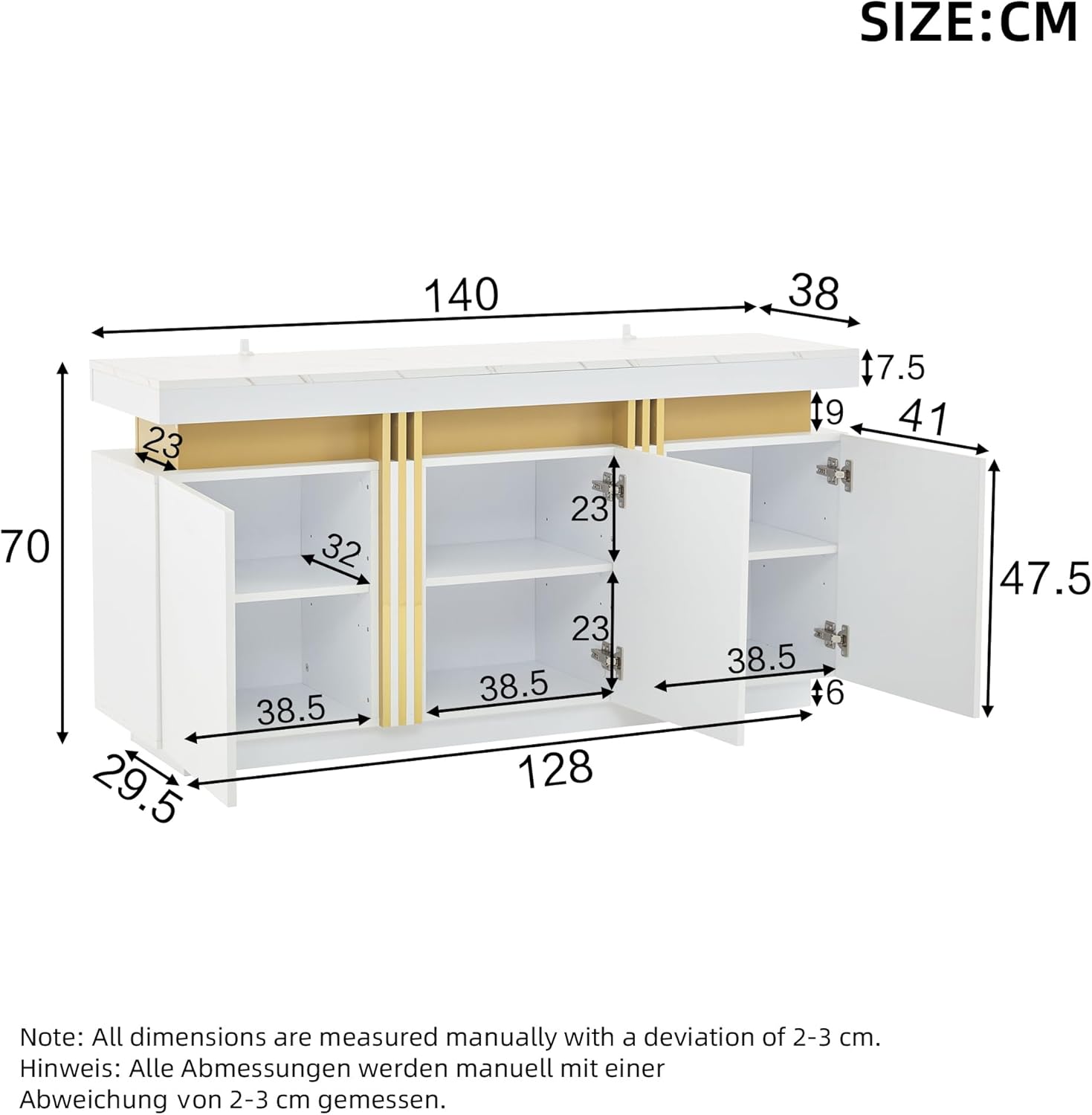 Merax Sideboard, Küchenschrank, Aufbewahrungsschrank mit 3 Türen, Moderne Buffetschrank mit Arbeitsplatte, Verstellbares Regal, Esszimmerschrank für Wohnzimmer, Esszimmer, Flur, Marmoroptik, Weiß — Ansicht 2