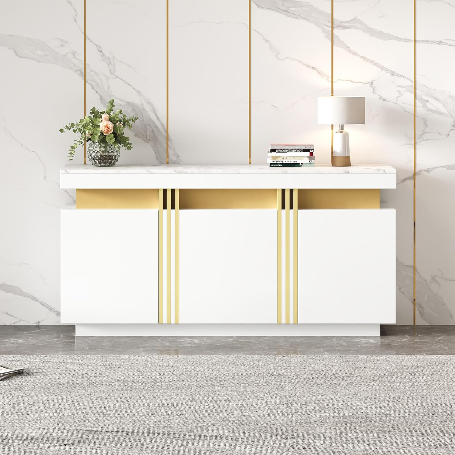 Merax Sideboard, Küchenschrank, Aufbewahrungsschrank mit 3 Türen, Moderne Buffetschrank mit Arbeitsplatte, Verstellbares Regal, Esszimmerschrank für Wohnzimmer, Esszimmer, Flur, Marmoroptik, Weiß — Ansicht 3