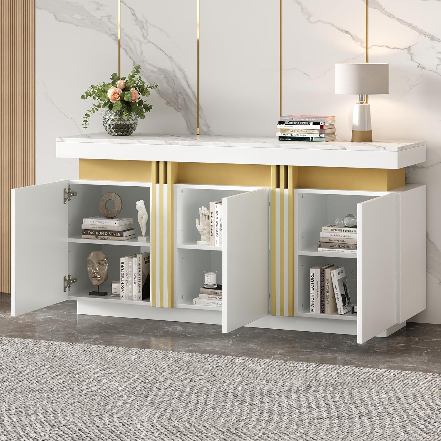 Merax Sideboard, Küchenschrank, Aufbewahrungsschrank mit 3 Türen, Moderne Buffetschrank mit Arbeitsplatte, Verstellbares Regal, Esszimmerschrank für Wohnzimmer, Esszimmer, Flur, Marmoroptik, Weiß — Ansicht 4