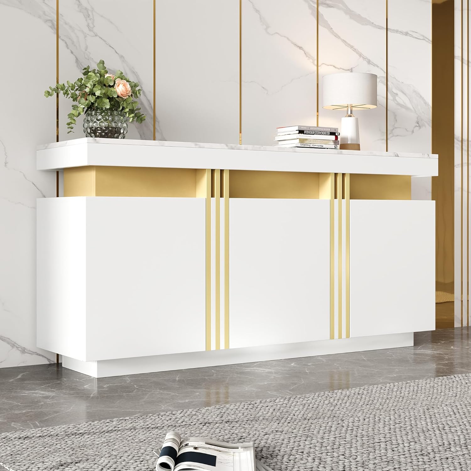 Merax Sideboard, Küchenschrank, Aufbewahrungsschrank mit 3 Türen, Moderne Buffetschrank mit Arbeitsplatte, Verstellbares Regal, Esszimmerschrank für Wohnzimmer, Esszimmer, Flur, Marmoroptik, Weiß