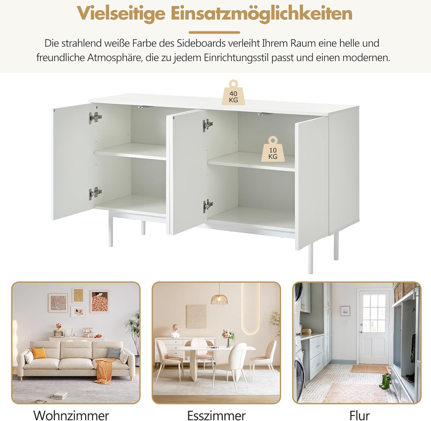 Merax Sideboard Küchenschrank mit Arbeitsplatte, Buffetschrank mit 4 Türen,2 verstellbaren Einlegeböde,Modern minimalistisches Bogenmuster Design, für Esszimmer/Wohnzimmer/Küche/Flur(Weiß/42x140x80CM) — Ansicht 4