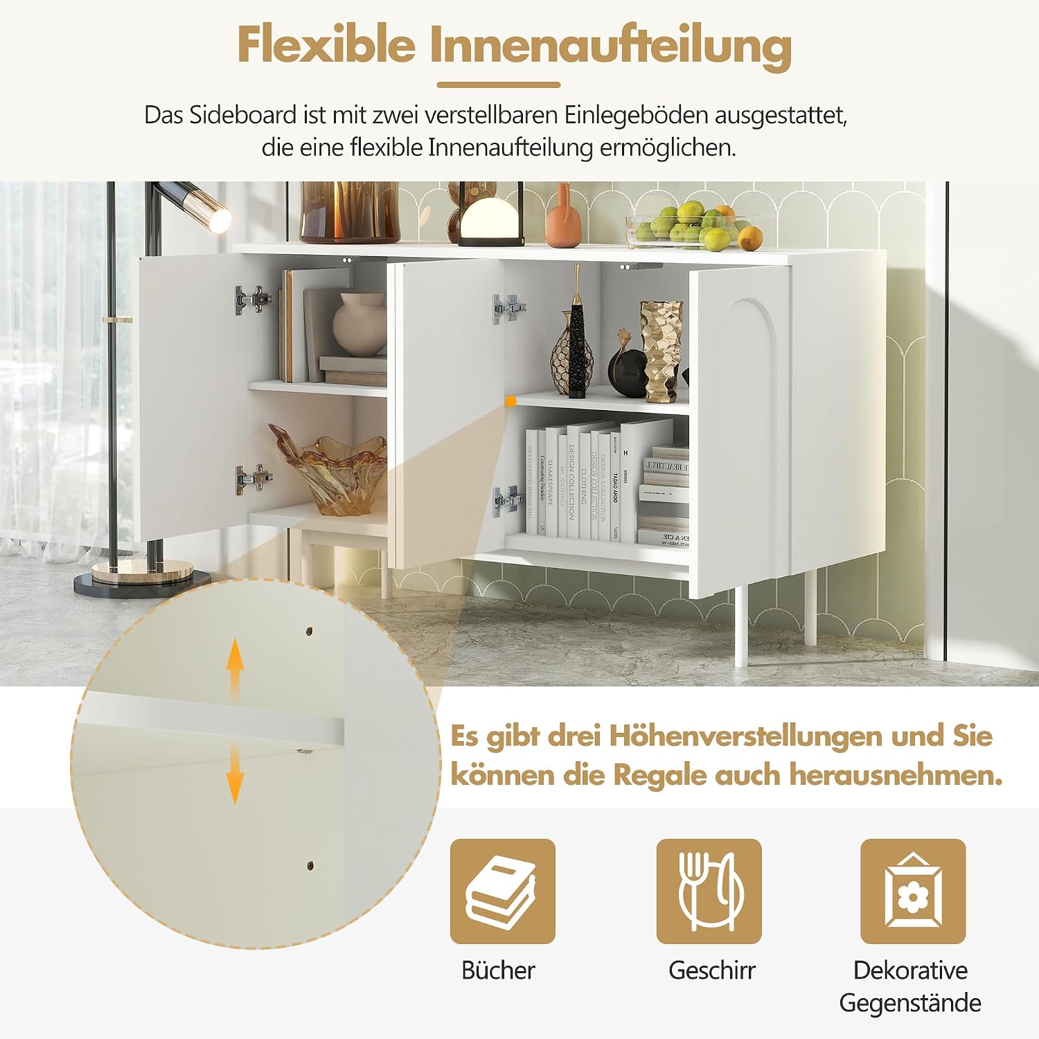 Merax Sideboard Küchenschrank mit Arbeitsplatte, Buffetschrank mit 4 Türen,2 verstellbaren Einlegeböde,Modern minimalistisches Bogenmuster Design, für Esszimmer/Wohnzimmer/Küche/Flur(Weiß/42x140x80CM) — Ansicht 5